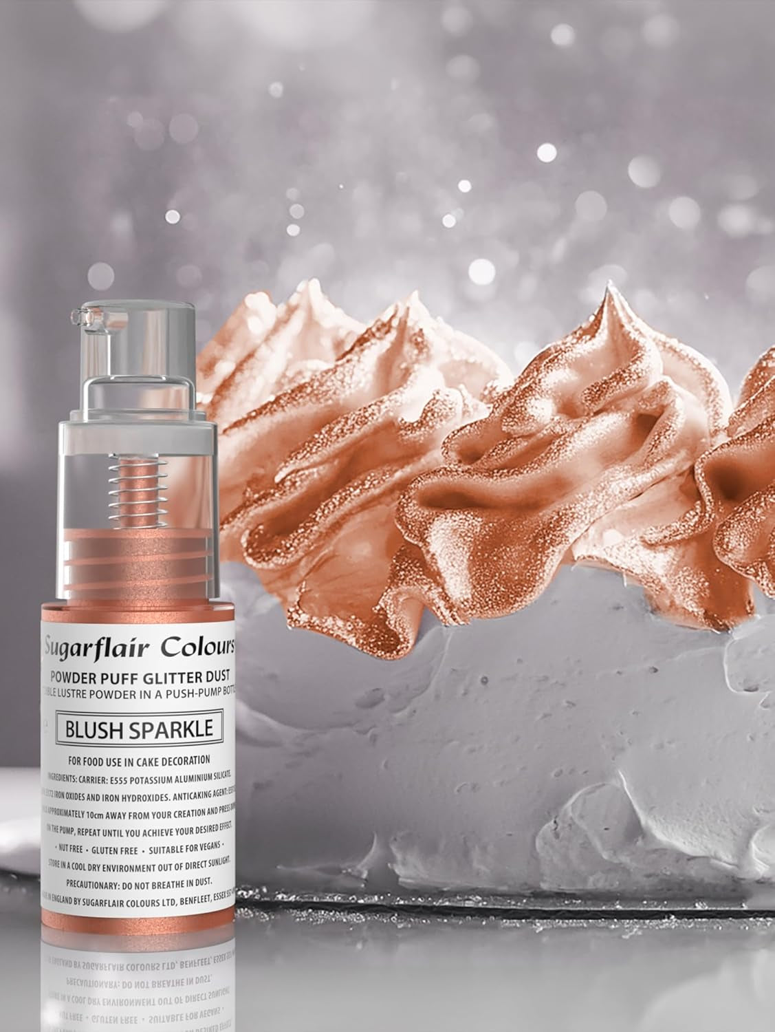Sugarflair Pump Powder Spray, Glitter, Blush, Glitter - madfarve til kage, non-aerosol spray til kager, muffins og mere - 10g