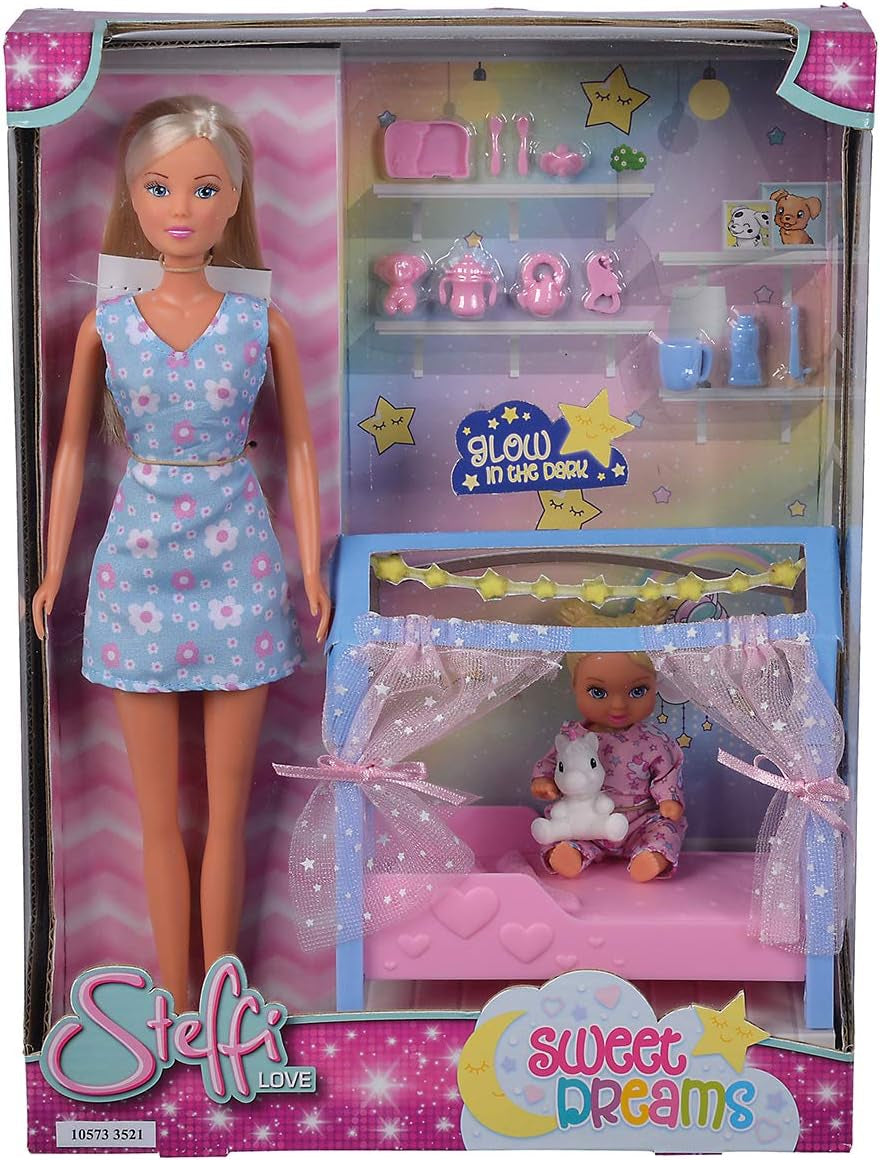 Simba Steffi Love Sweet Dreams / Sød babydukke og krybbe / med glød-i-mørke funktion / 12 stykker / 29cm / Til børn fra 3 år og derover