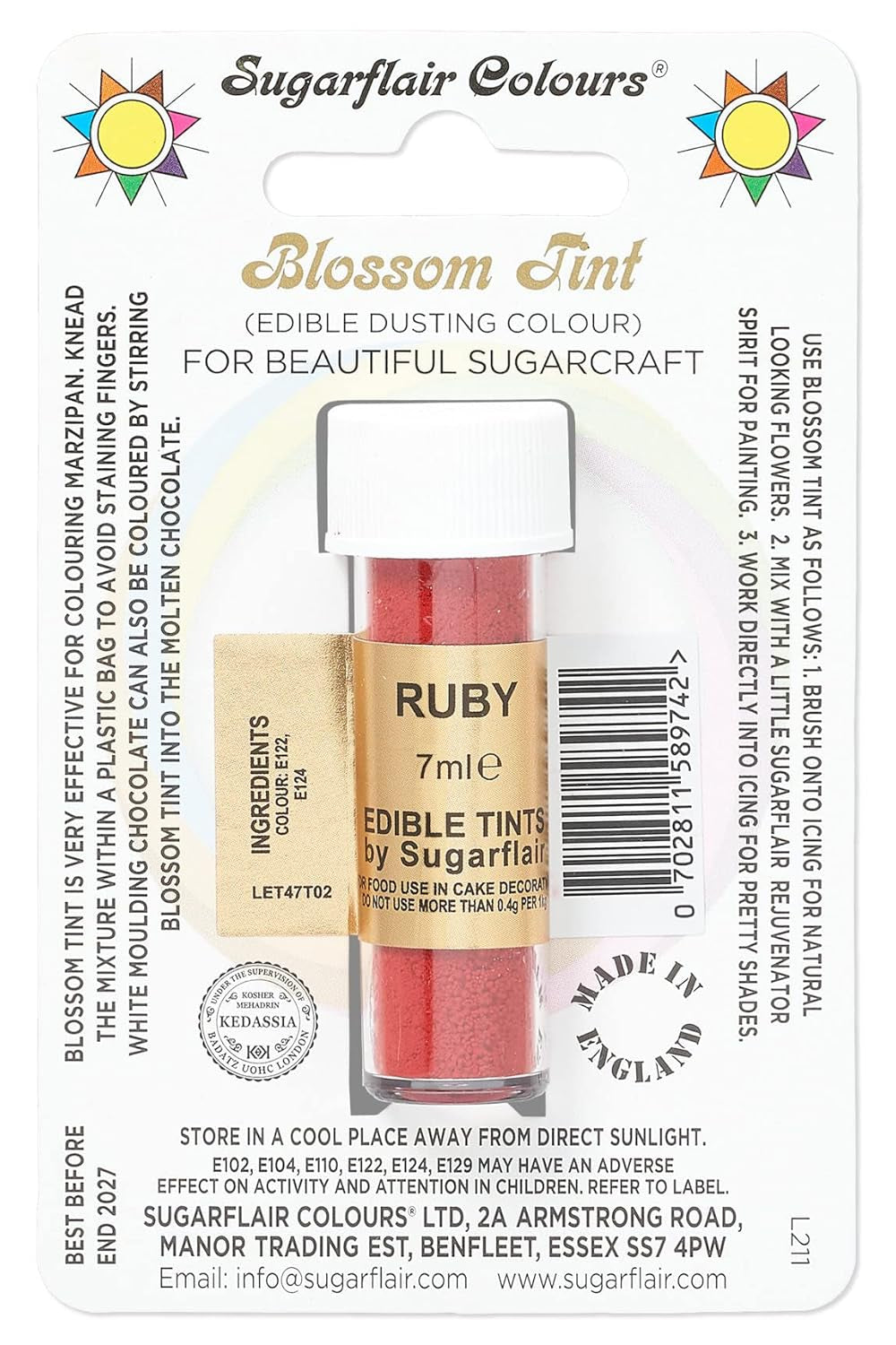 Madfarvepulver Sugarflair Blossom Tint Dusting Ruby - Madfarvepulver til dekoration af farvet sukkerpasta, fondant, glasur, chokolade, smørcreme, makroner - 7 ml