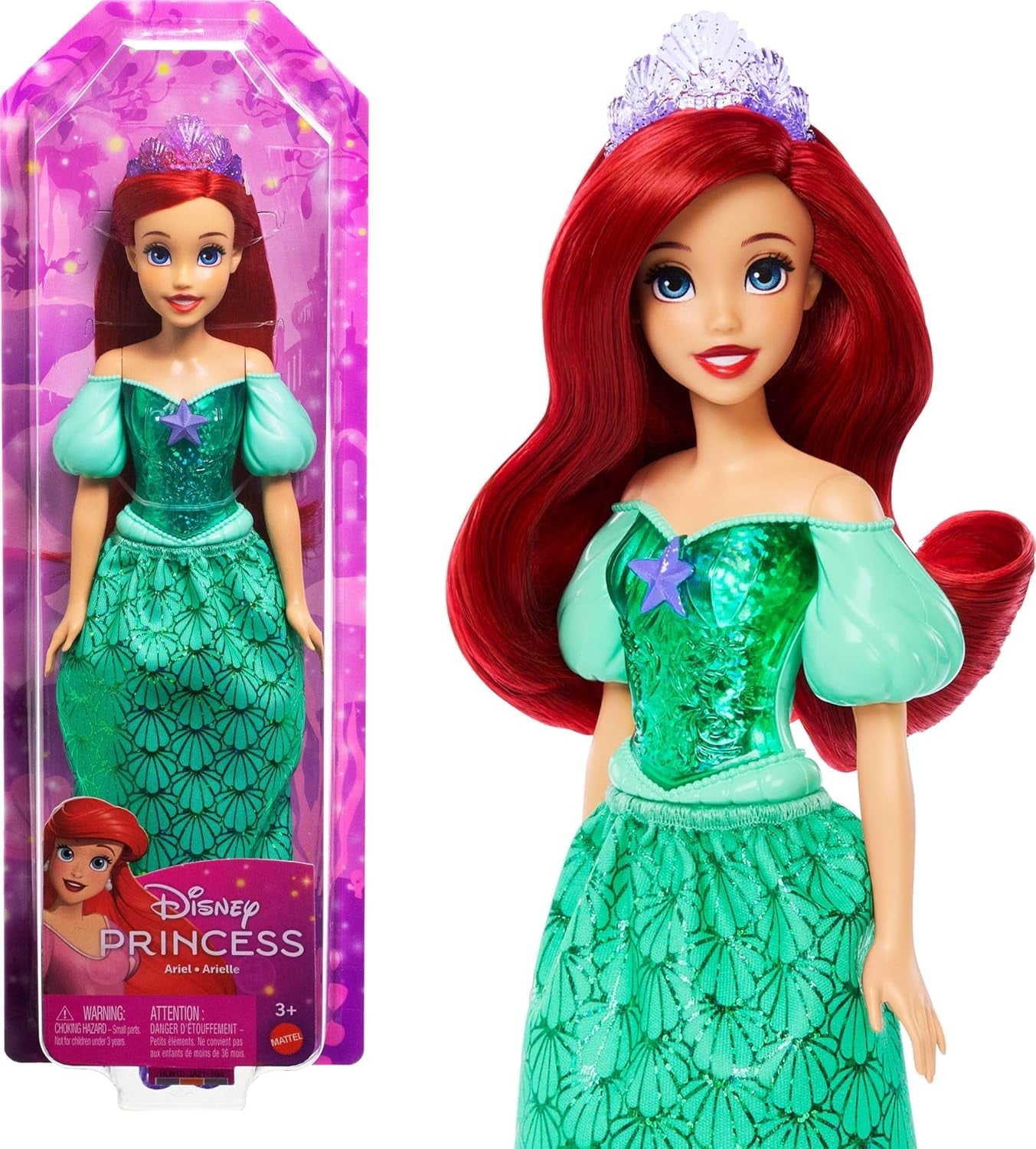 Mattel Disney Princess Ariel Doll, langt styling hår, positionerbare, aftagelige sko og pandebånd, Disney-gaver, legetøj fra 3 år og opefter, HLW10