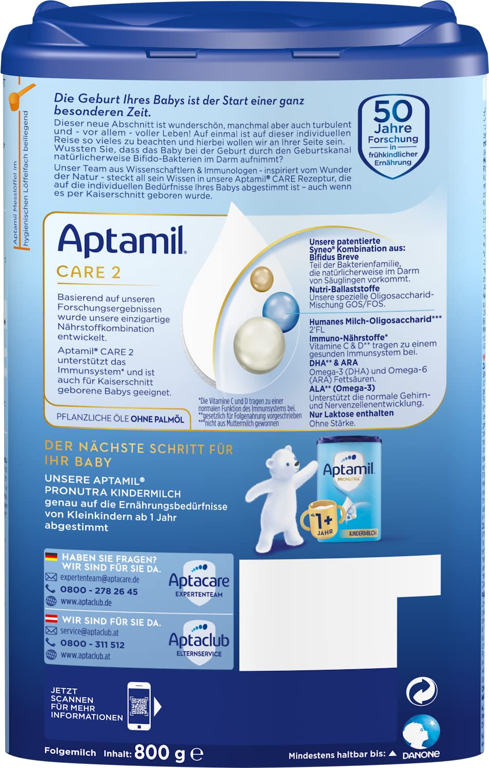 Aptamil Care 2 - Tilskudsmælk efter 6 måneder, med Omega 3 og 6, DHA og ARA, palmeoliefri, babymad, mælkepulver, 1 x 800 g (pakke med 3)