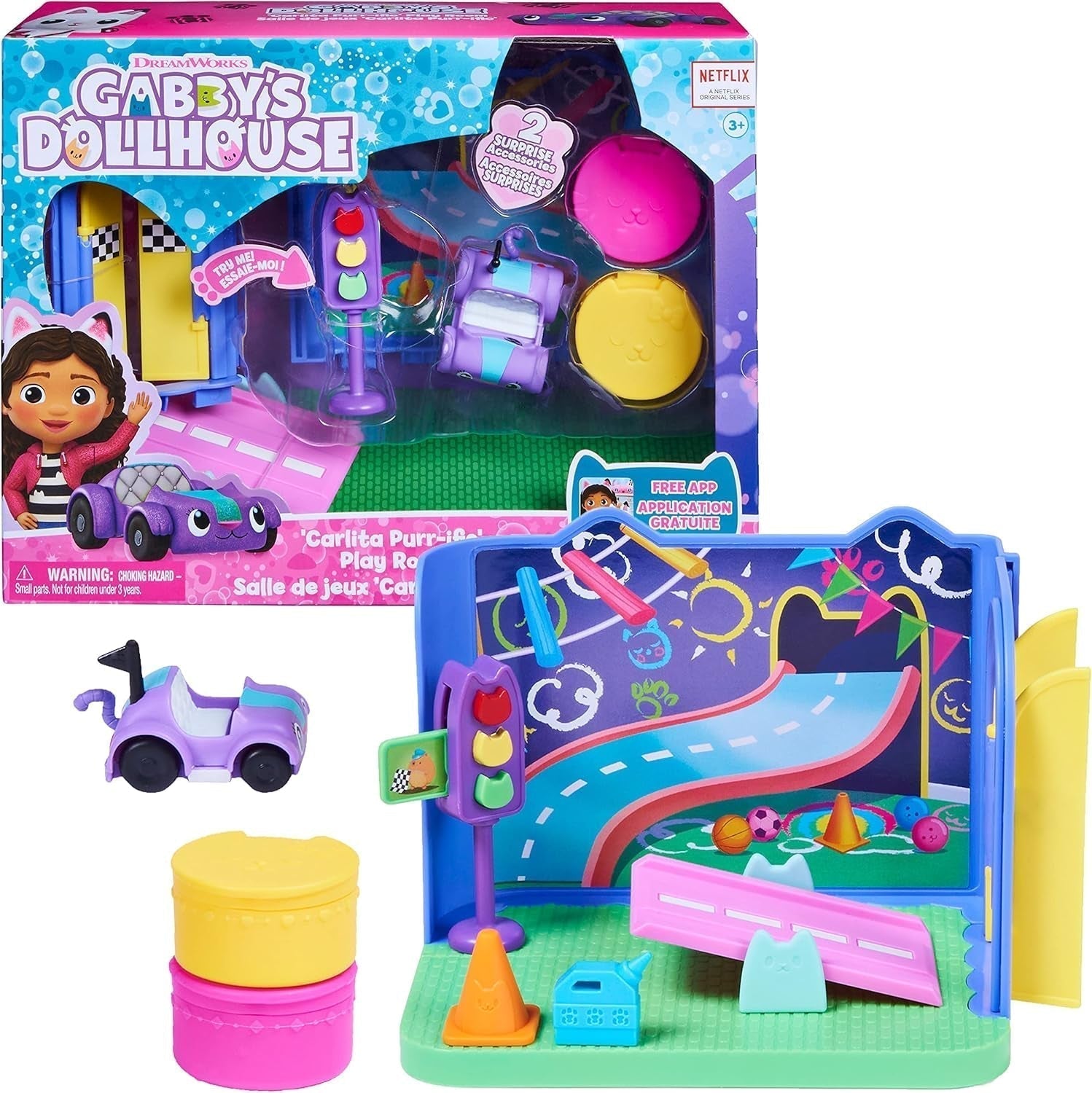 Gabby's Dollhouse Deluxe Room, Purr-Ific Legerum, Legerum med Carlita Legetøjsbil, 2 møbler og 2 overraskelsesæsker med tilbehør, velegnet til alderen 3+ Naty Shop Dukkehuse Multicolor