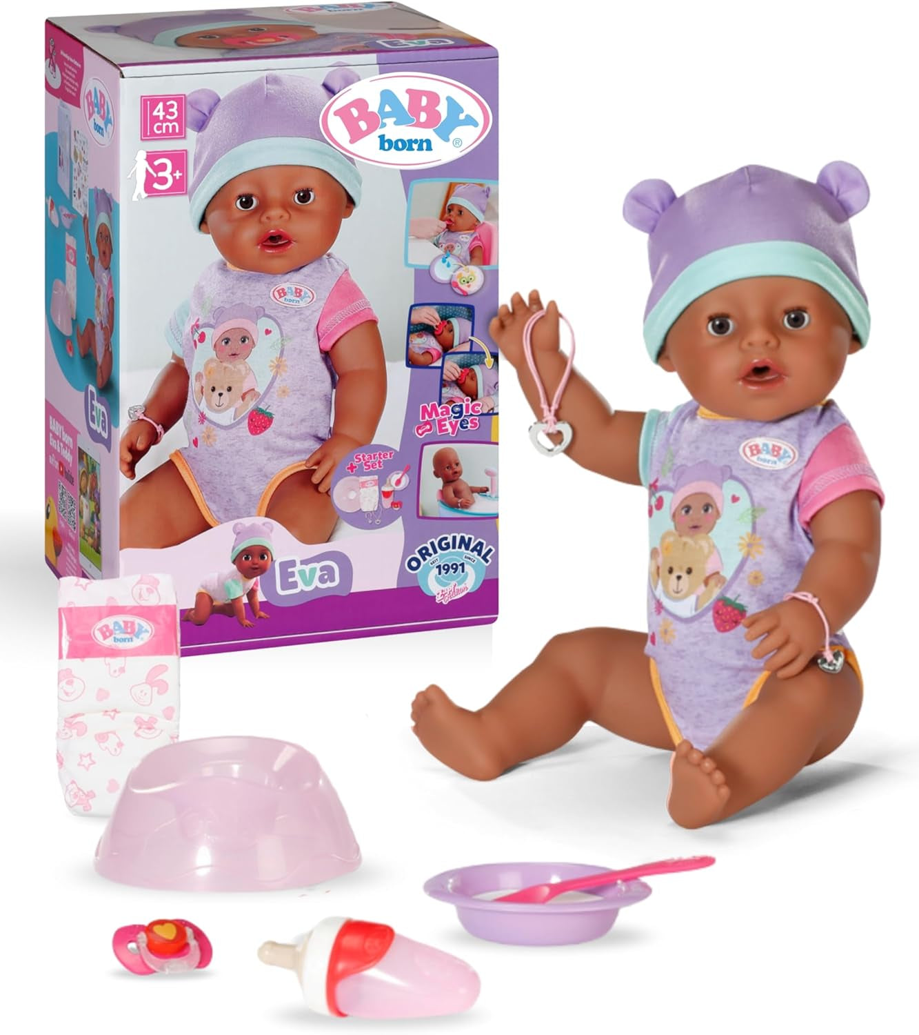 BABY Born Eva - babydukke 43 cm - 10 funktioner inklusive tilbehør og madras - Fungerer fuldt ud uden batterier - Velegnet til børn fra 3 år og derover