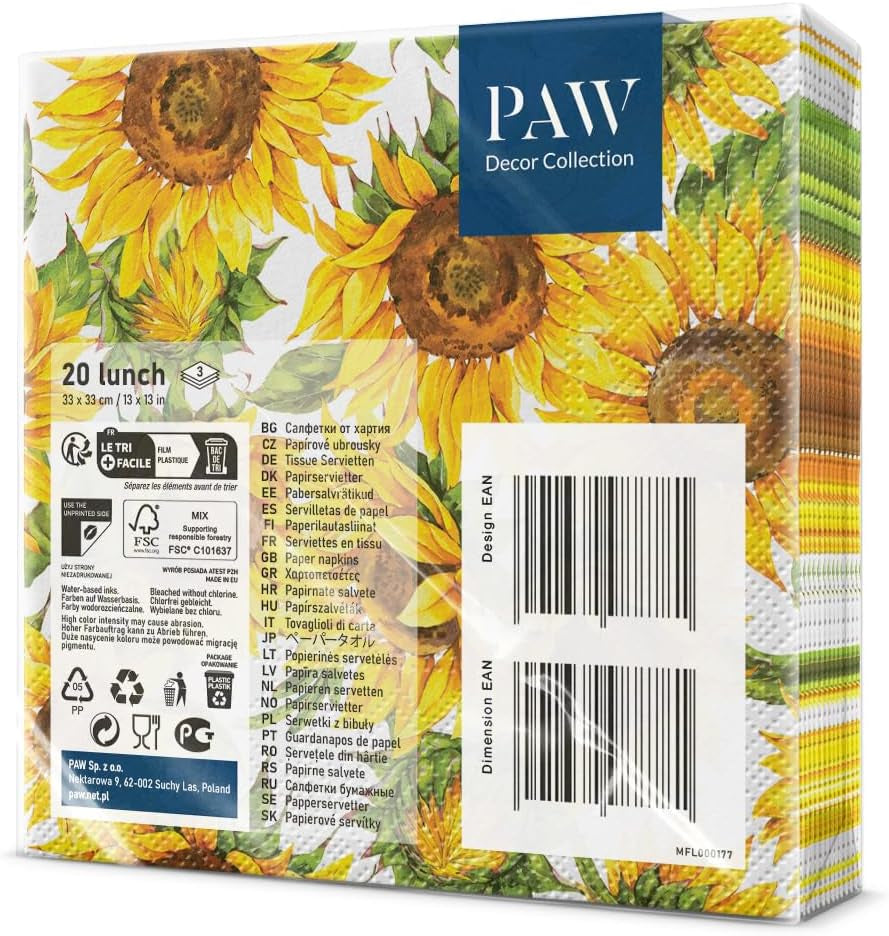 PAW - 3-lags servietter (33 X 33 Cm) I 20 stykker I Perfekt til fødselsdage, fester, datoer I Efterårsbordpynt I Farverige papirservietter - Solsikkegule kronblade I Dansende solsikke