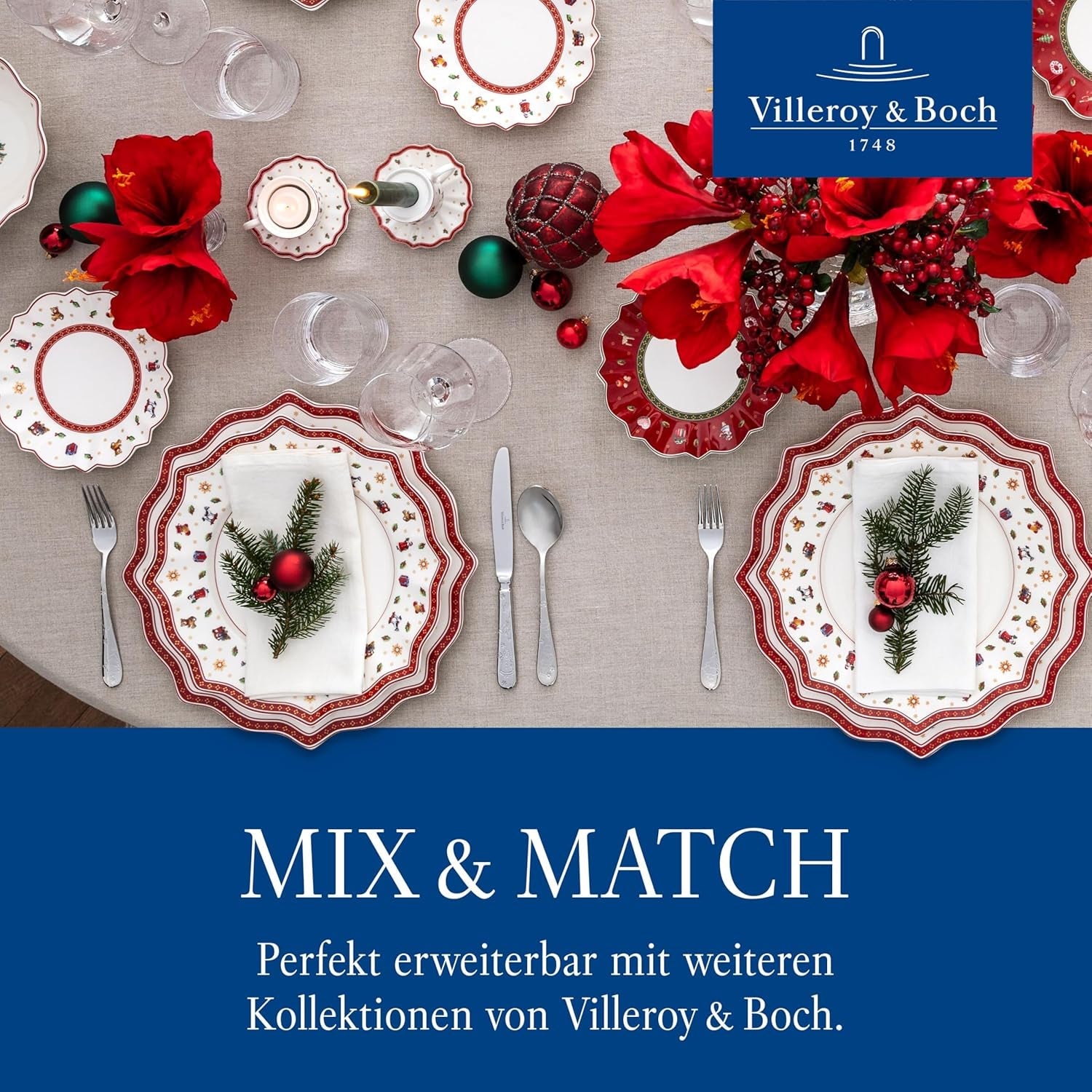 Villeroy & Boch - Toy's Delight morgenmadssæt til 2, lokomotivdesign, 6 stykker, farverigt, jul, porcelænssæt med tallerkener, kopper og skåle til morgenmad, julestel, premium porcelæn