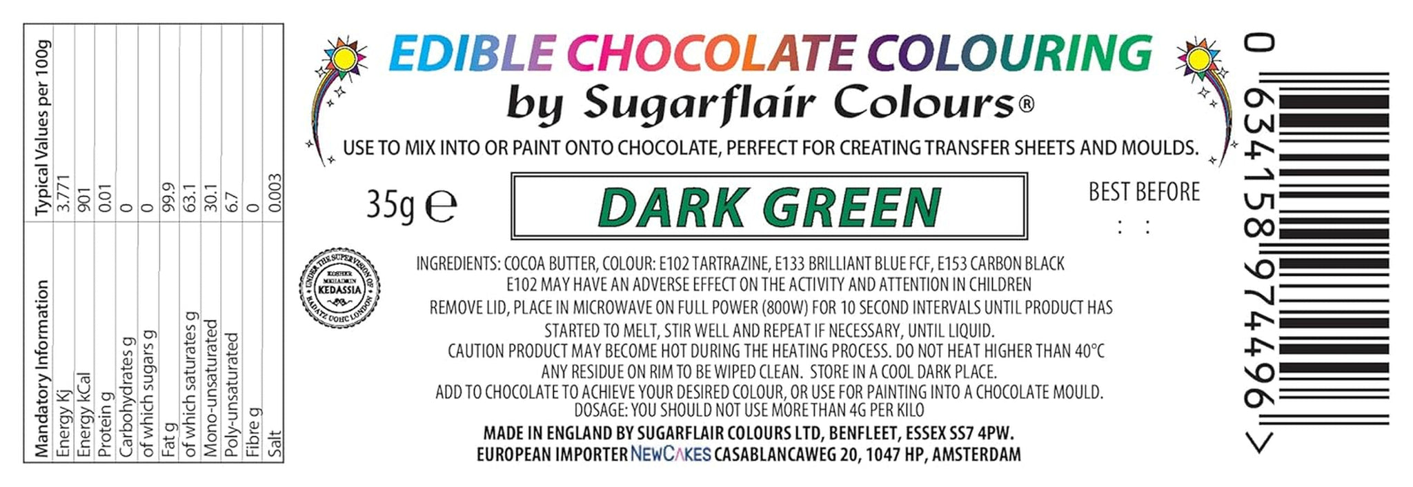 Madfarve Sugarflair Chocolate Madfarve til mørkegrøn chokolade - Farvet økologisk kakaosmør, chokoladefarve til farvning af chokolade, praliner - 35g