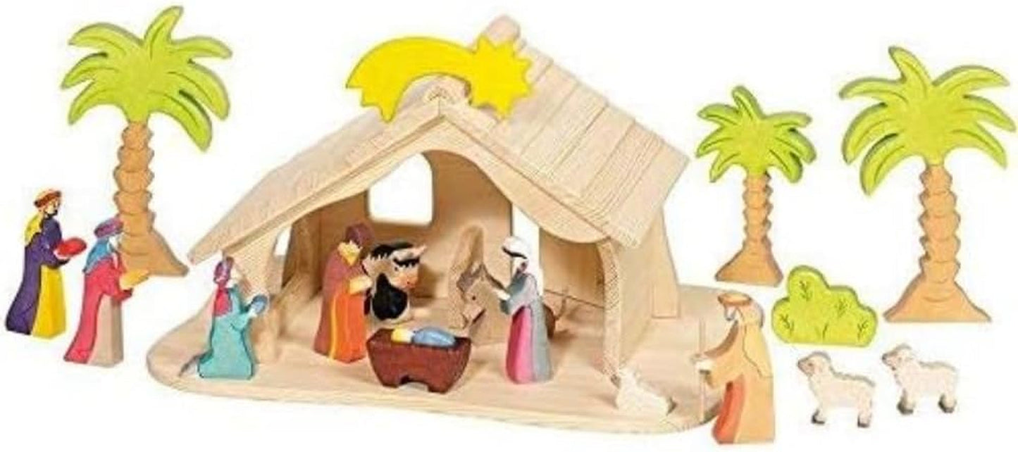 Holztiger dukkehus med julestjerne (ingen figurer, ingen træer)