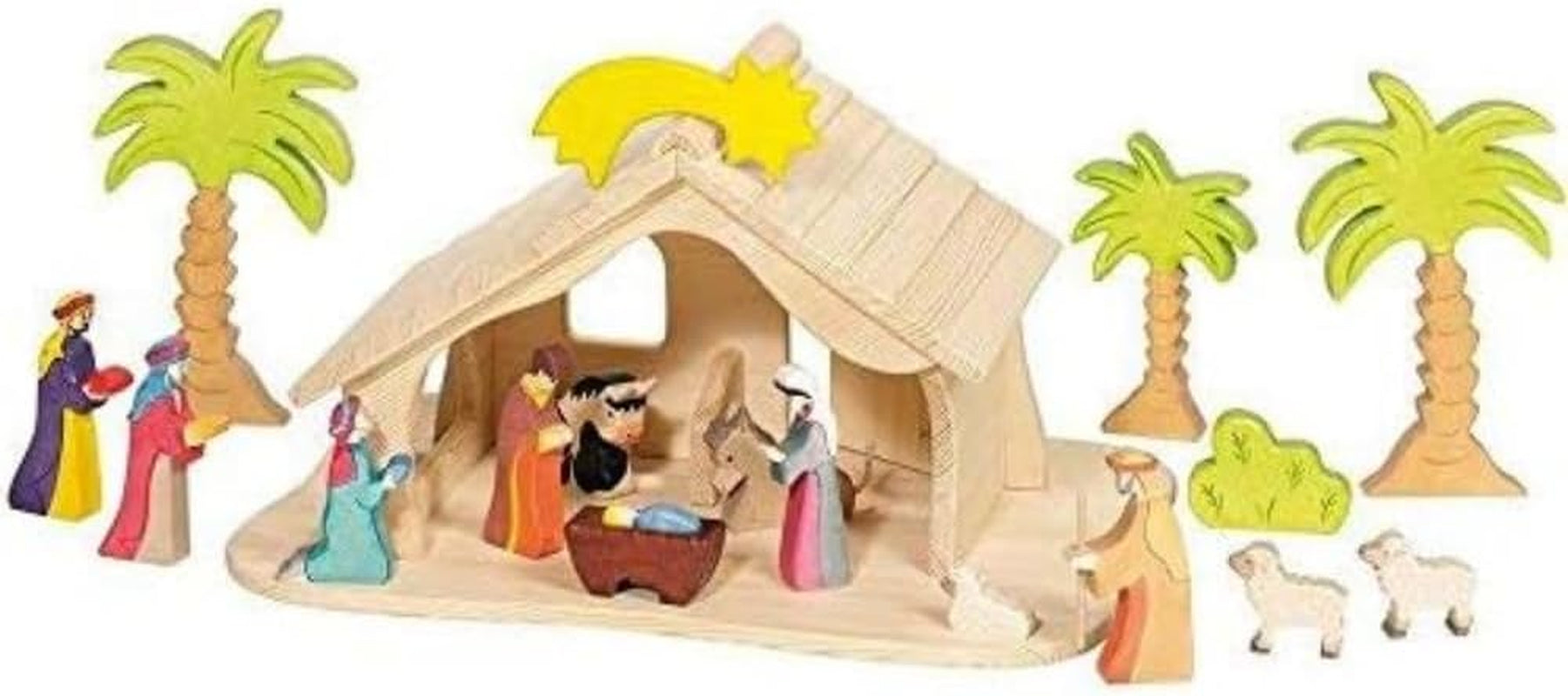 Holztiger dukkehus med julestjerne (ingen figurer, ingen træer)