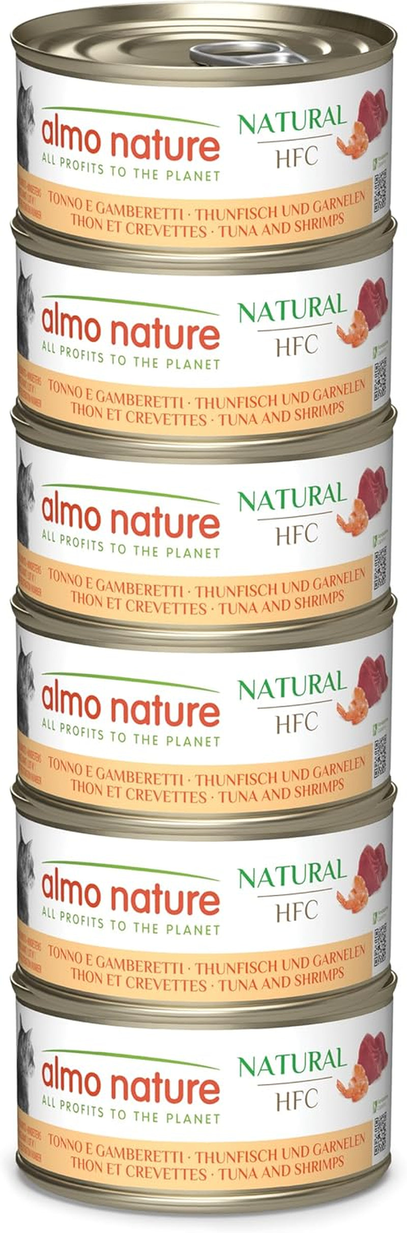 Almo Nature HFC Natural - Vådfoder til voksne katte - Tun og rejer - Menneskelig kvalitet, Glutenfri - 6 x 70g