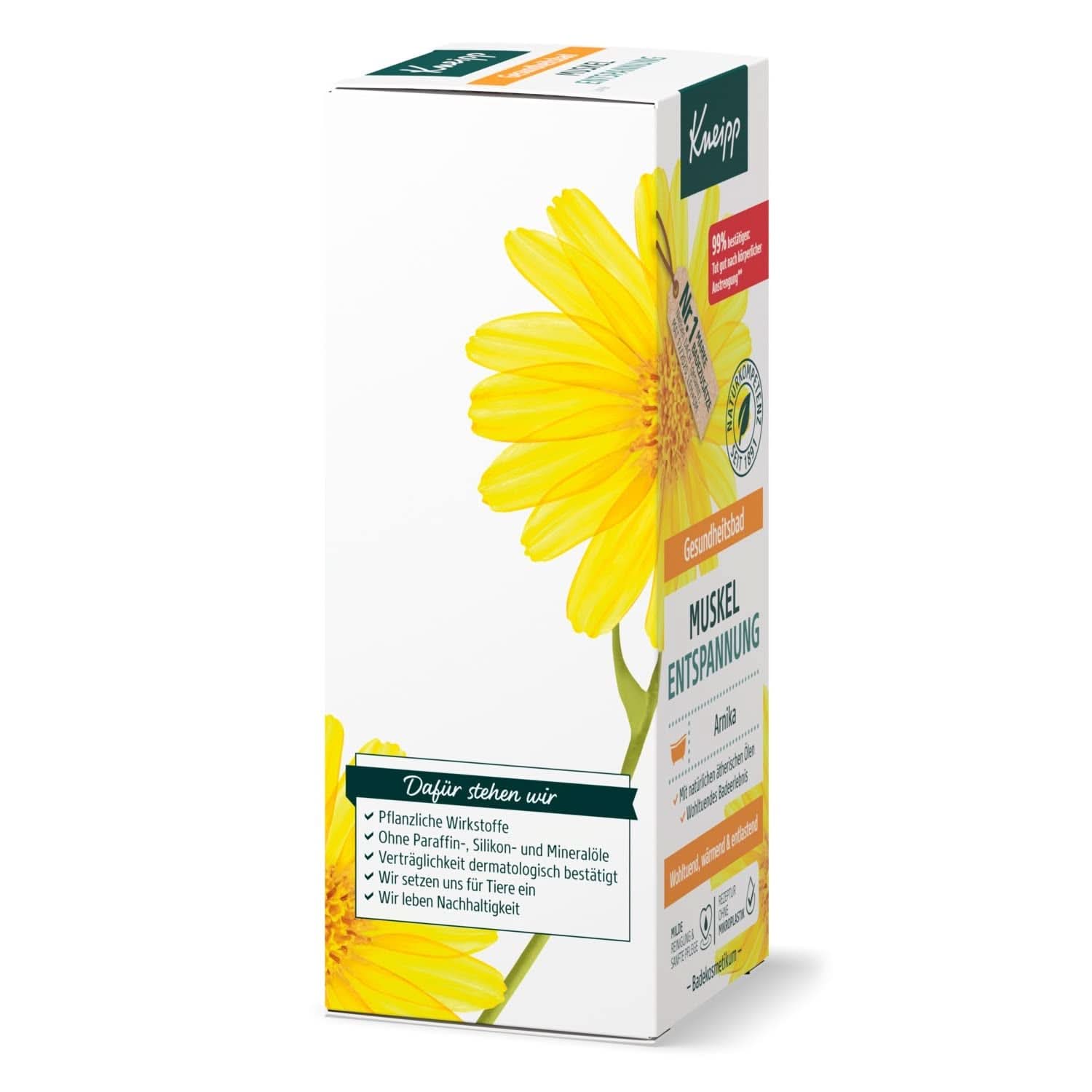 Kneipp Sundhedsbad, Muskelafspænding, Badeolie med arnicaekstrakt og æteriske olier fra Cabreuva, Rosmarin og Pinus arter, genopliver og heler efter fysisk anstrengelse, 100 ml Naty Shop
