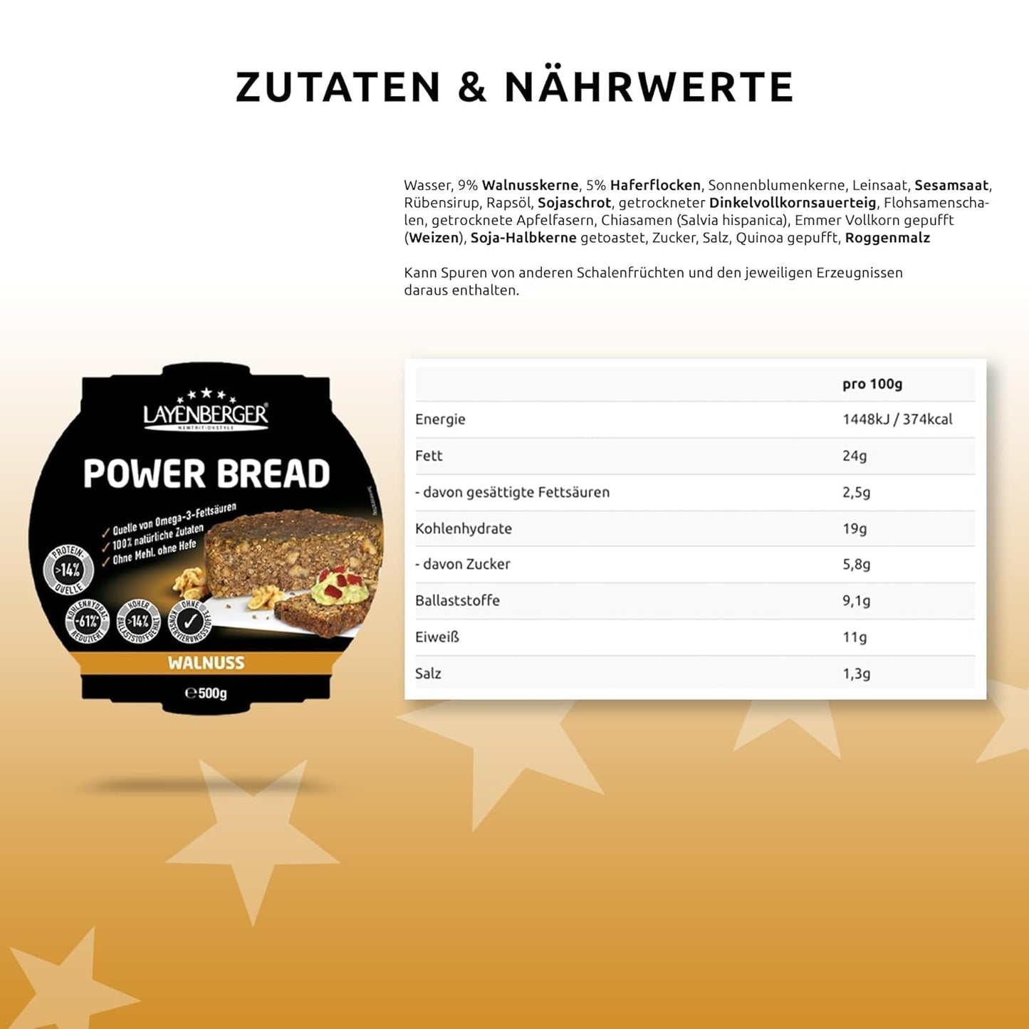 Layenberger Prower Brød Valnød, Eiweiß- Und Ballaststoffquelle, Ohne Konservierungsmittel, Ohne Hefe, Ohne Mehl, Mit 14G Protein Pro 100G, (1 X 500G) Blanding til bagning og madlavning Naty Shop