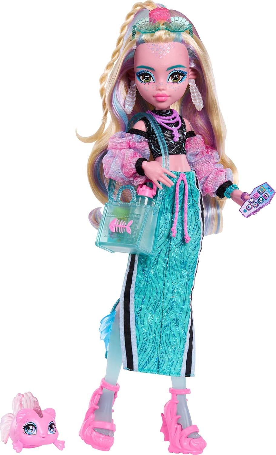 Monster High Lagoona Blue Neptuna Fish Short Top og Sports Maxi Skirt Doll med 7 tilbehør inklusive Shell-solbriller, snack og taske, JHK33