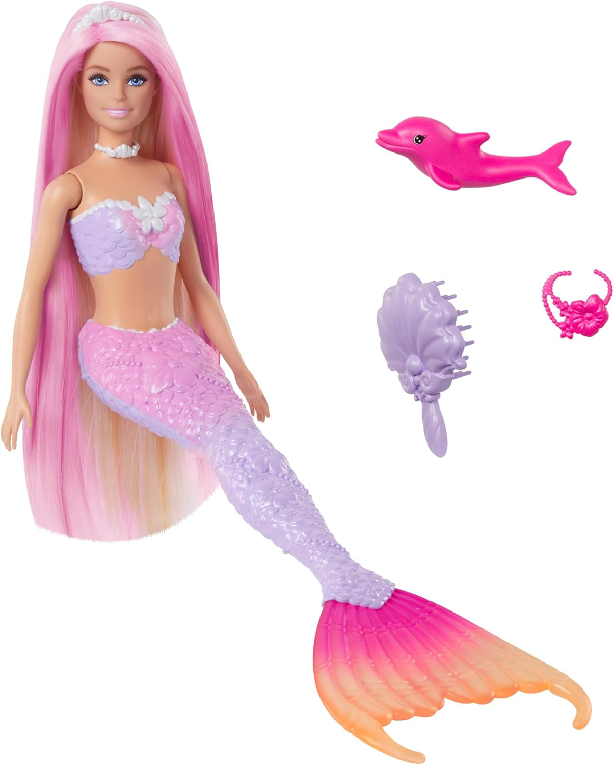 BARBIE Havfruedukke - Inspireret af tv-serien "Barbie: Hidden Magic" med farveskiftende effekt og tilbehør, 19 cm langt pink hår til styling, til børn fra 3 år og derover, HRP97