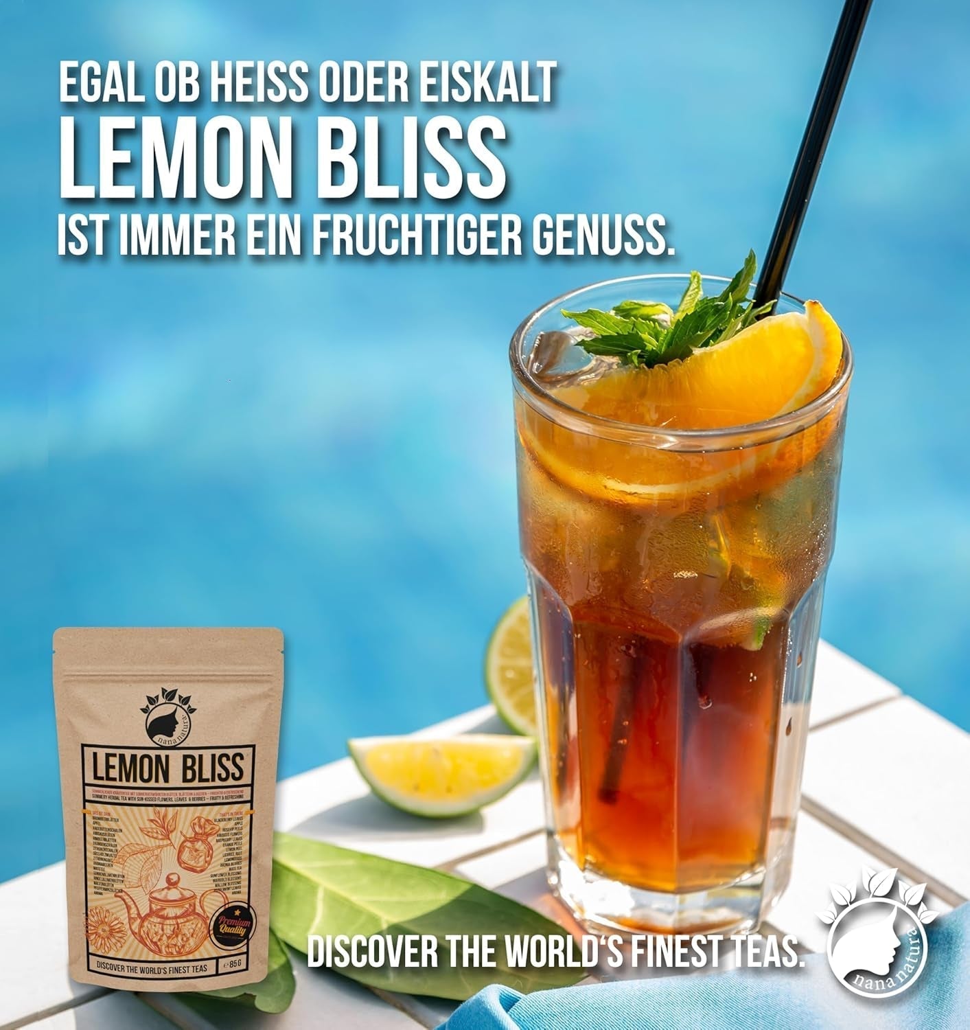 Nananatura'S Original LEMON BLISS TEA 85G | Frugtagtig og forfriskende sommerurtete | Som kold te, iste eller klassisk varm | Med blomster, blade og solmodne bær | Intet sukker
