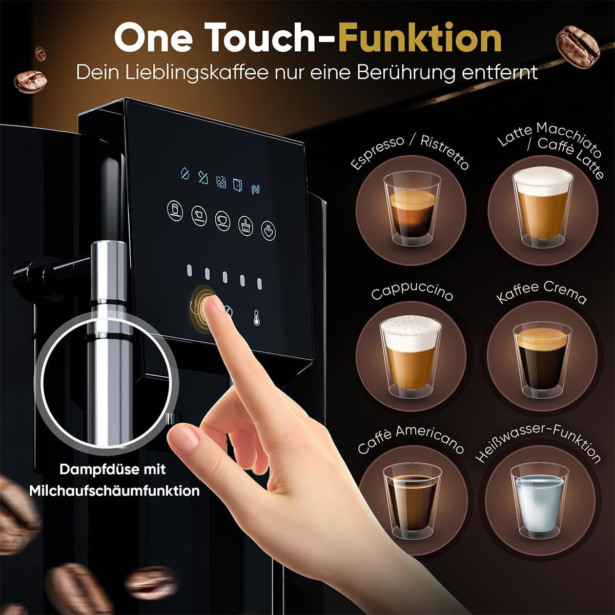 Fuldautomatisk ProfiCook® espressomaskine med mælkeskummer til cappuccino | Konisk kværn | med kopvarmefunktion | Italiensk professionel pumpe | Touchskærm | Espresso | PC KAV 1281