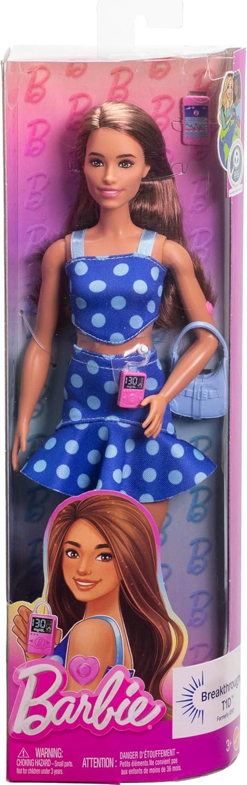 Barbie Fashionistas #242 Dukke med Type 1 Diabetes og Polka Dot Outfit og tilbehør i samarbejde med Breakthrough T1D, HYT97