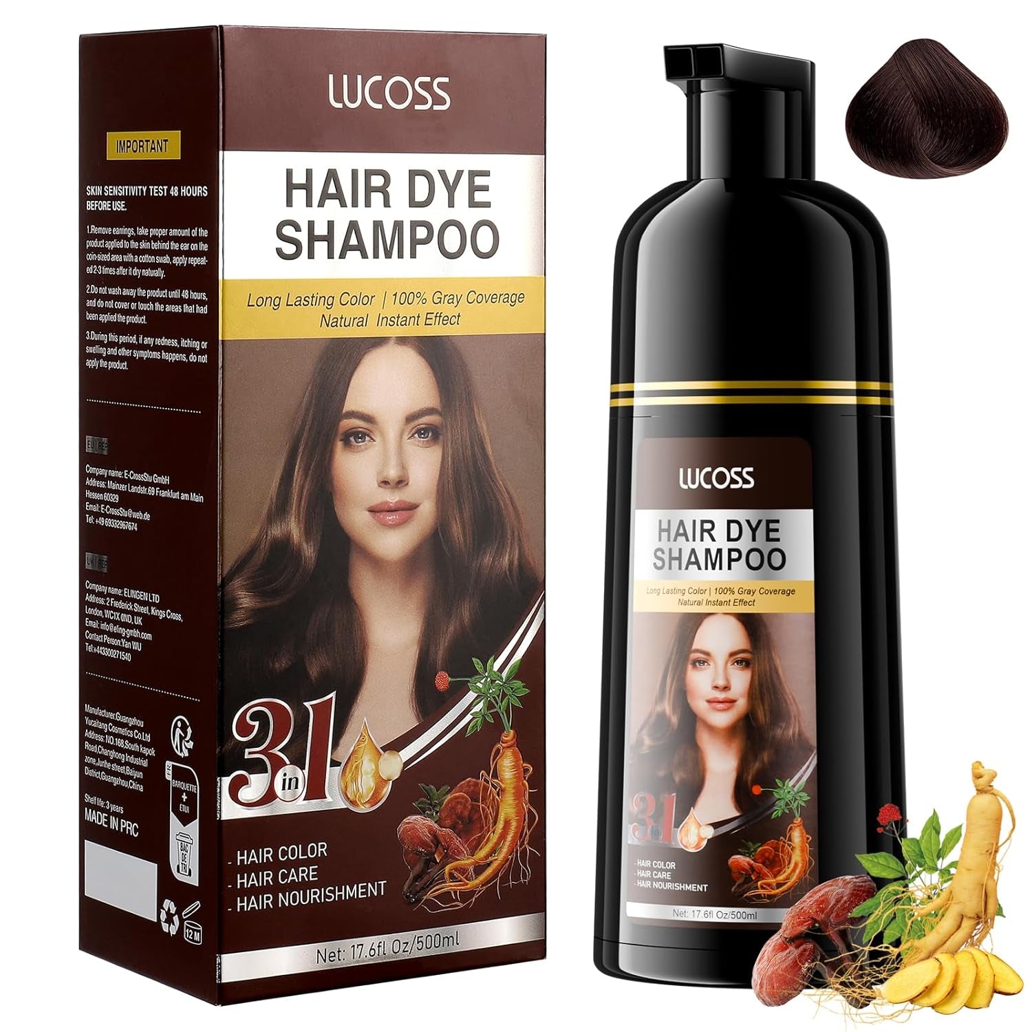 Instant Black Hair Shampoo, Natural Hair Color Shampoo, 100 % grå dækning - Nemt og hurtigt, Semi Permanent Color til Black Hair, Hårfarve Shampoo til mænd og kvinder Naty Shop Hårfarve Mørkebrun