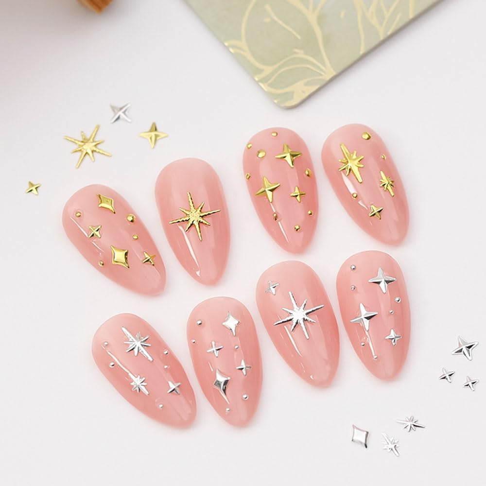 120 stk Guld-Sølv Stjerne Nail Charms Star Y2K Nails Metal Star Nail Charms Blandede størrelser Negleskruer Star Nail Design Nail Art 3D Star Charms Negledekoration Negle Charms Negletilbehør