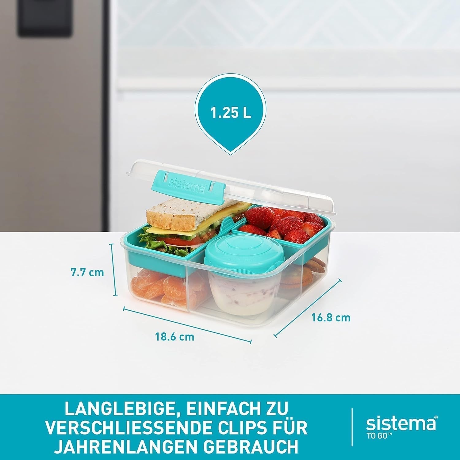 Bento Box TO GO madkassesystem med rum | 1,25 L madpakke med yoghurt/frugtbeholder | for børn og voksne l | BPA-fri Minty Teal [21685-8T], mintgrøn Naty Shop madopbevaringsbokse