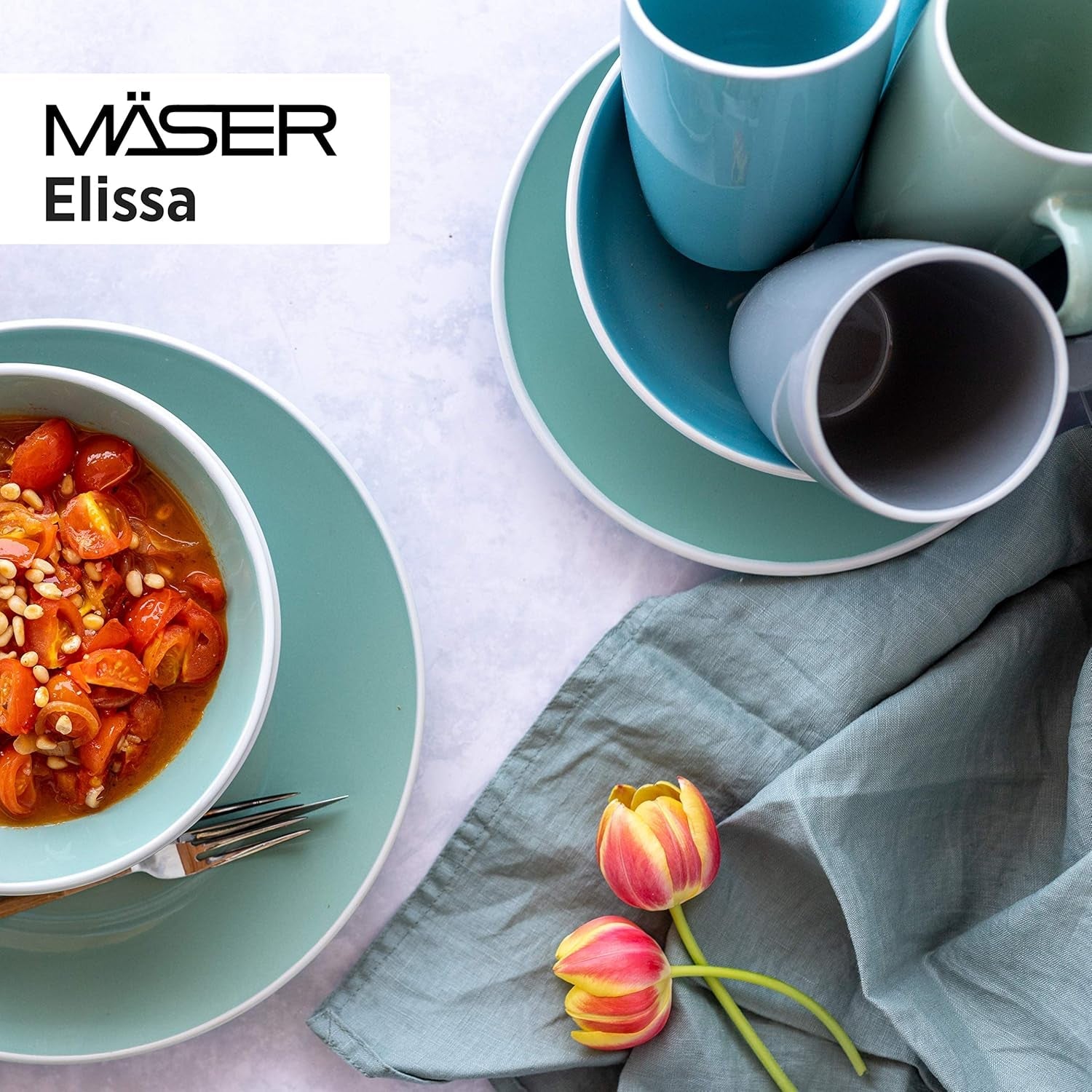 MÄSER 931844 Elissa-serien moderne servicesæt til 6, blå med hvid kant, 24-delt kombinationssæt, keramik