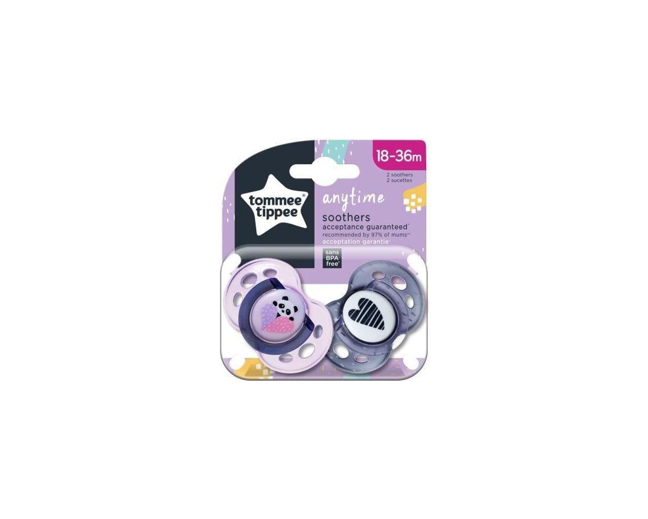 Tommee Tippee Anytime sut, symmetrisk ortodontisk form, BPA-fri silikone, 18-36 måneder, 2 pakke, flerfarvet
