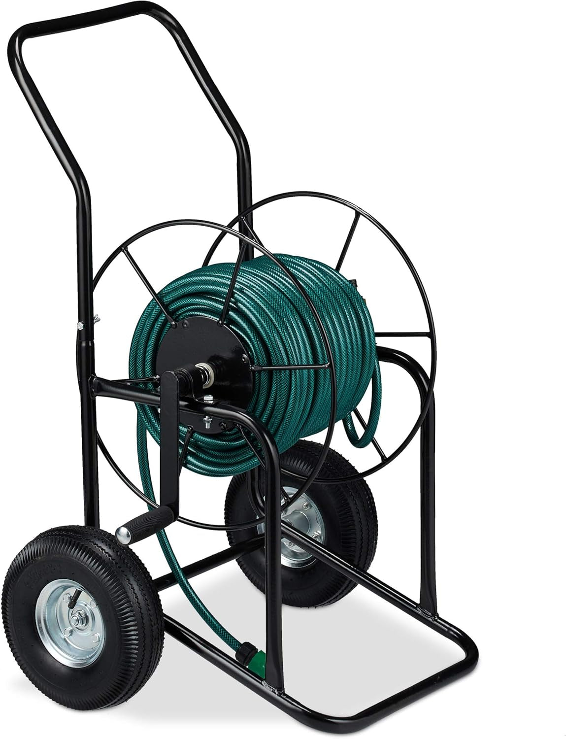 Relaxdays slangevogn, mobil slangetromle, 1/2" og 3/4" tilslutning, slange op til 80 m, 2 hjul, metal, sort