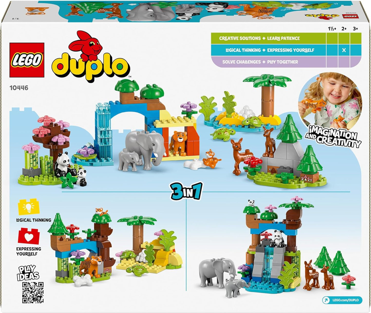 LEGO DUPLO Town Wild Animal Families 3-i-1 sæt, pædagogisk legetøj til småbørn med skildpadder, tigre, elefanter, hjorte, pandaer, sæt til førskolebørn fra 2 år, byggelegetøj med dyrefigurer 10446 byggesæt Beuche den LEGO-Store