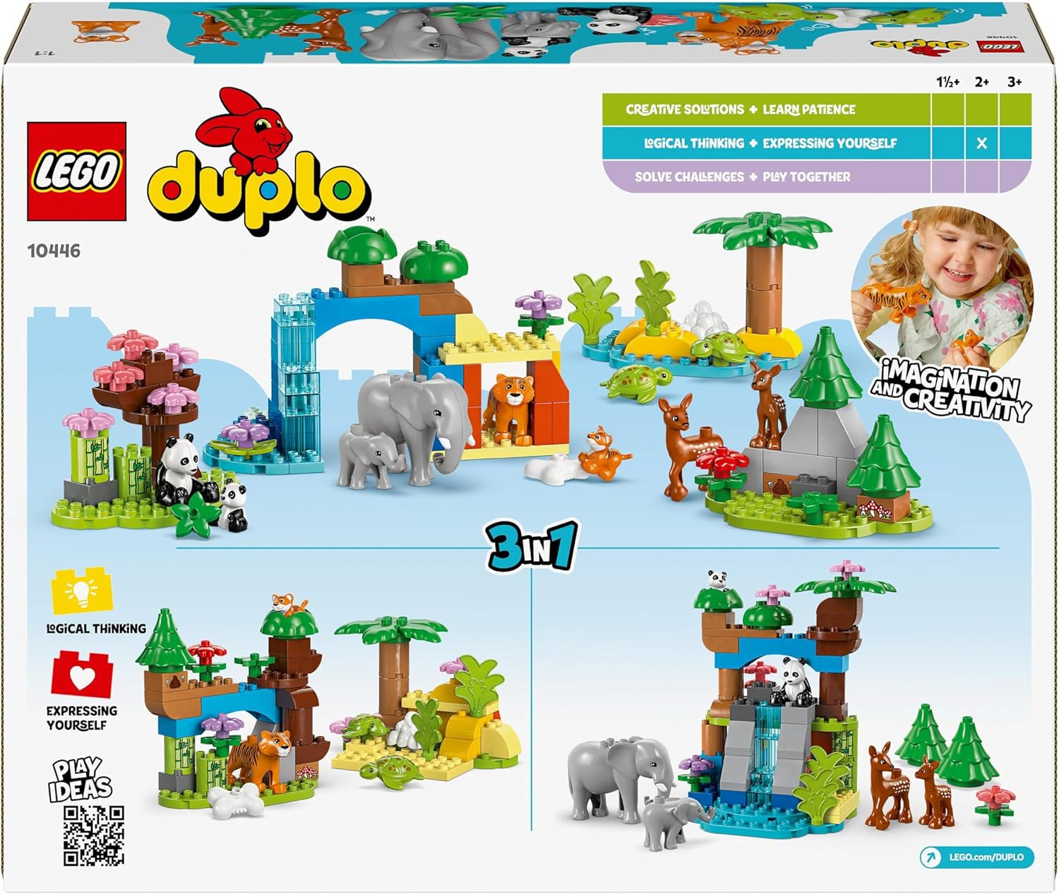 LEGO DUPLO Town Wild Animal Families 3-i-1 sæt, pædagogisk legetøj til småbørn med skildpadder, tigre, elefanter, hjorte, pandaer, sæt til førskolebørn fra 2 år, byggelegetøj med dyrefigurer 10446 byggesæt Beuche den LEGO-Store