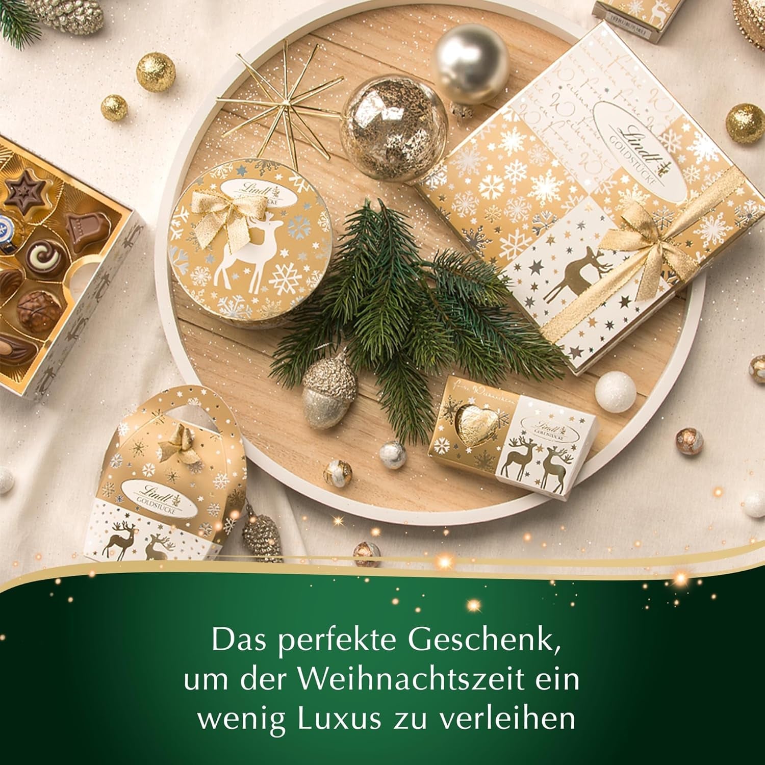 Lindt Chokolade | Æske med guldstykker praliner | 180g | 18 praliner i 10 sortimenter som fint sortiment af praliner, nogle med alkohol | Premium gaveæske med julepraliner