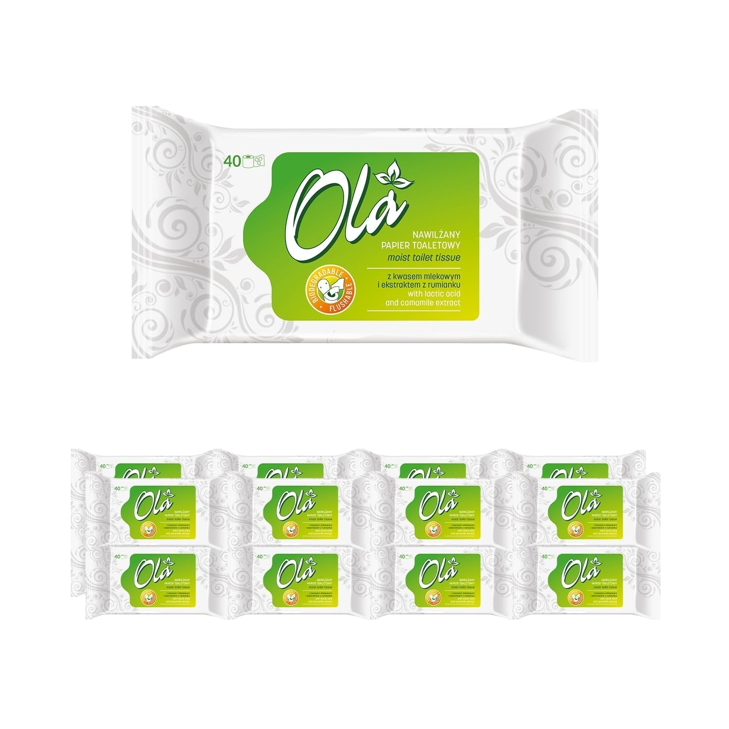 OLA vådt toiletpapir - (1X40 stk.) Vådservietter - kamilleekstrakt og mælkesyre, vaskbar, følsom hud - 40 stk.