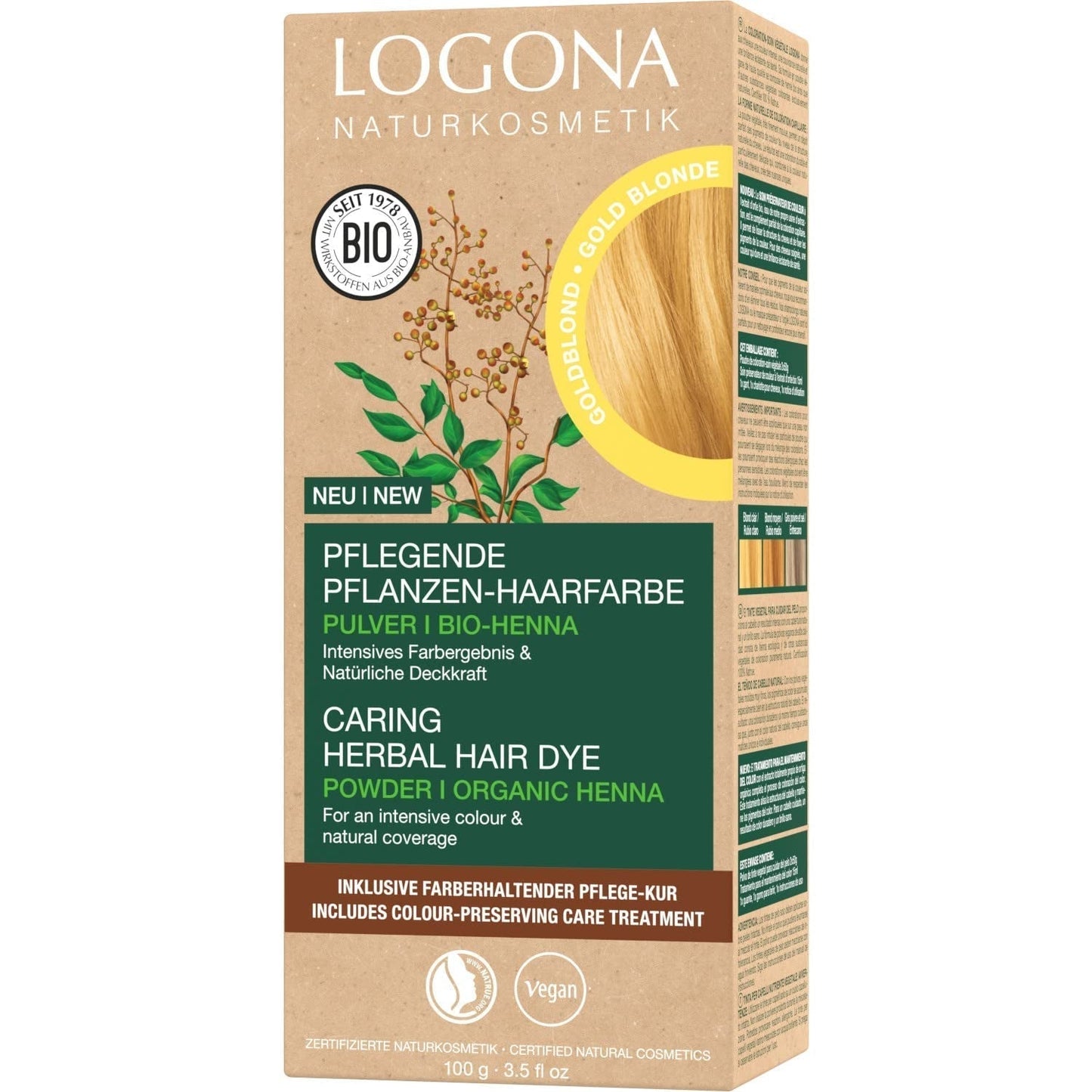 LOGONA Natural Cosmetics Urteplejende hårfarve, økologisk hennapulver Vegansk hårfarve for intens farve og glans, urtefarve i kobberblond (blond), 1 x 100 g Naty Shop Golden Blond hårfarve 100G (1 pakke)