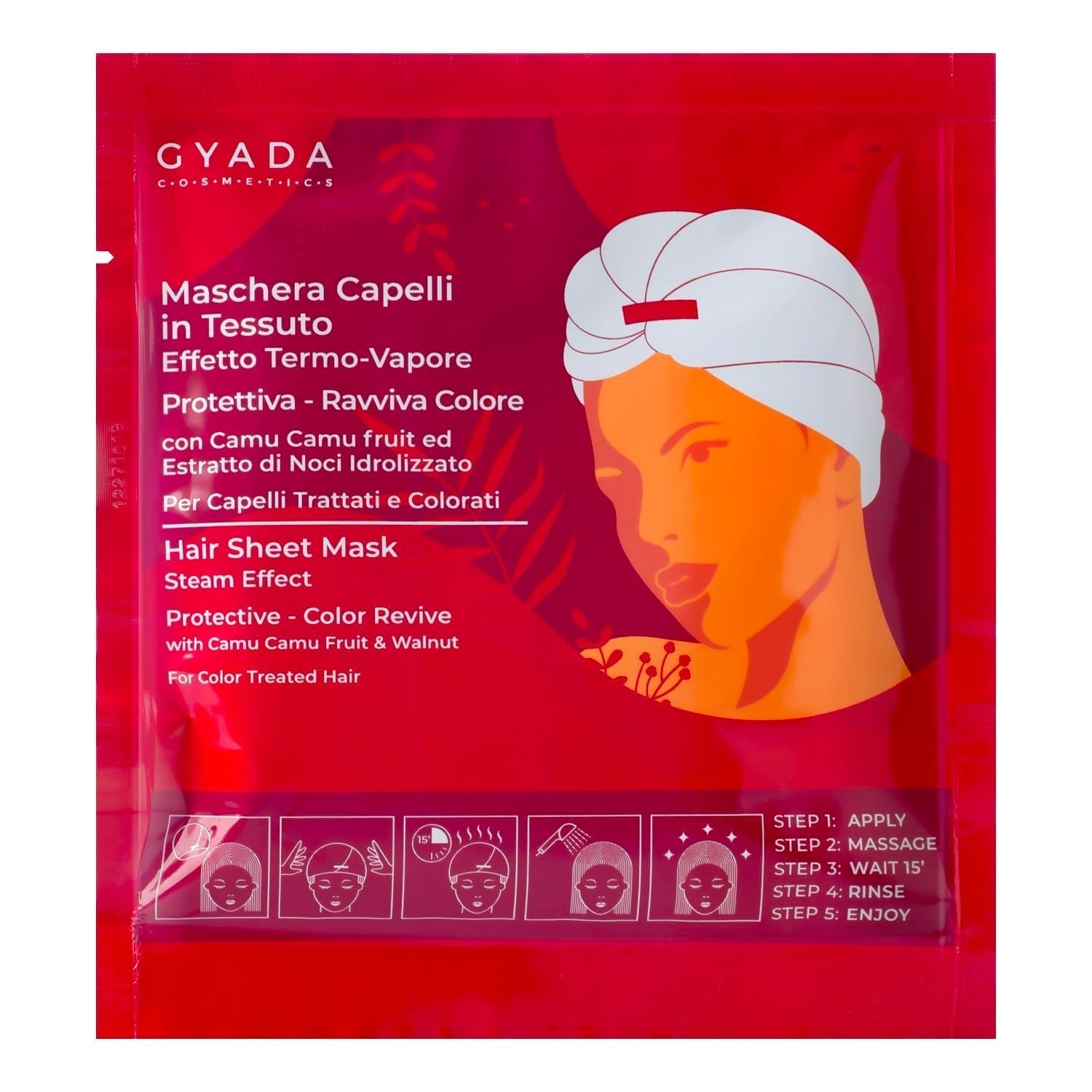 GYADA COSMETICS Tekstilhårmaske til farvebeskyttelse og forfriskende glanseffekt Termisk hætte Kamille Macadamiaolie og panthenol 60 ml Naty Shop hårmaske 1 stk (pakke med 1) Nødder