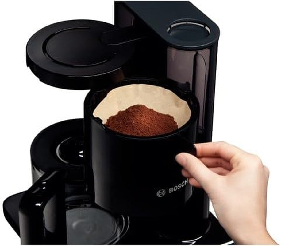 Bosch Styline TKA8013 filter-espressomaskine, aromasensor, 1,25 l aromakonserverende glaskaraffel, 10-15 kopper, automatisk sluk, afkalkningssystem, anti-drypsystem, roterende filterholder, 1160W, sort