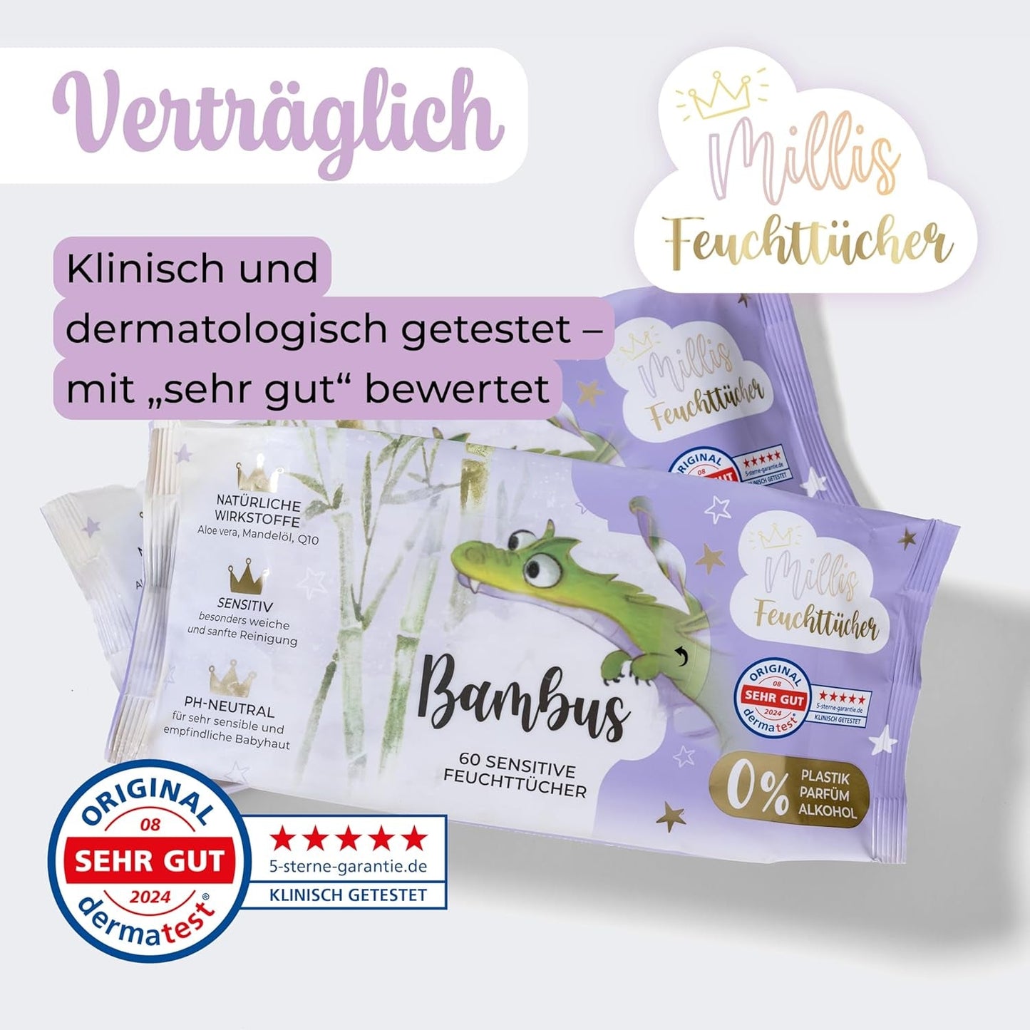 Millis Bamboo Baby Sensitive vådservietter til sart babyhud - 5 x 60 stykker - Naturlig, skånsom og bæredygtig rengøring - Biologisk nedbrydelige babyservietter, plastikfri og alkoholfri