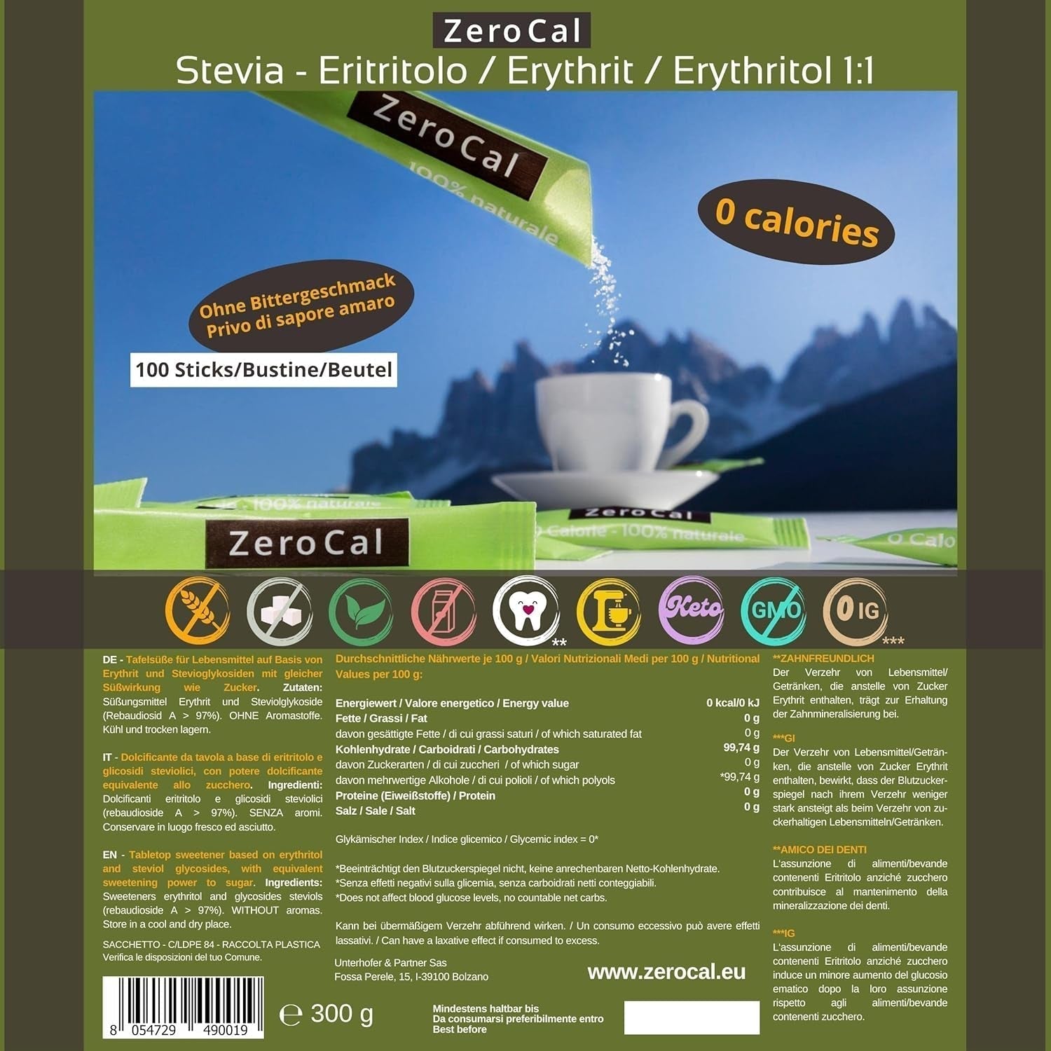 Zerocal - 1:1 (Erythritol + Stevia) 100 Sticks Je 3 G | Ideel til sødning af kaffe, te og andre drikkevarer Gleiche Süßkraft Von Zucker | Glutenfri, Vegansk, GMO-fri | Kalorien Und GI = 0 Sødemidler Naty Shop