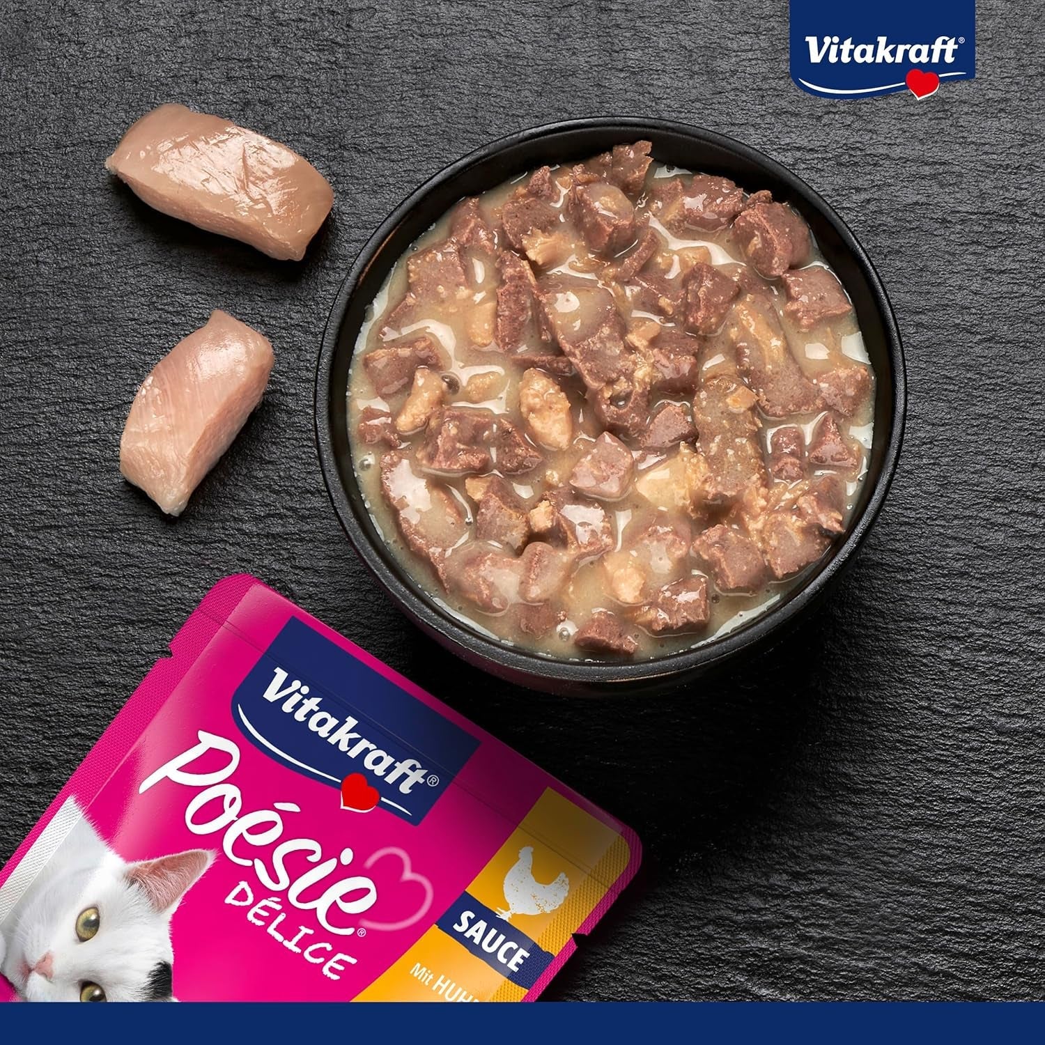Vitakraft Poésie Délice, Nassfutter Katze, Katzennassfutter i sauce, med kylling, Vorratspackung, ohne Zusatz von Zucker und Getreide (23x 85g)