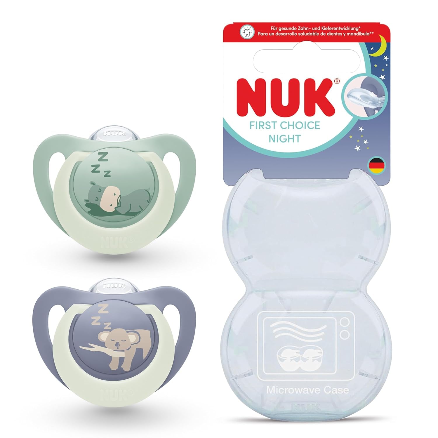 NUK First Choice natsutter til babyer | 6-18 måneder | Ortodontiske sutter der lyser i mørke | Beroliger 99 % af babyer** | Flodhest/Koala | Pakke med 2