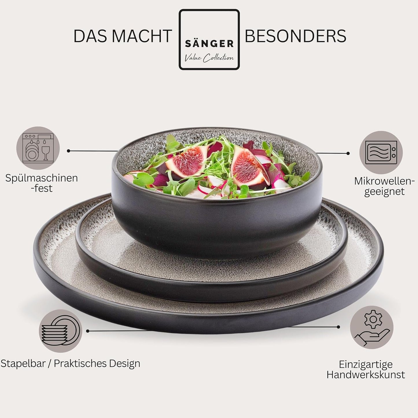 SÄNGER Luxor | Stentøjsstel, 18 stykker, tallerkensæt til 6, porcelænssæt (6 middagstallerkener, 6 kornskåle, 6 desserttallerkener), ridsefast brun-beige porcelæn | VÆRDIINDSAMLING
