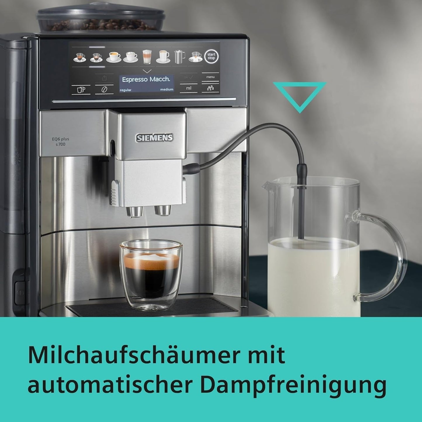 Automatisk espressomaskine Siemens EQ.6 plus s700 TE657503DE, til mange kaffespecialiteter, mælkeskummer, keramisk kværn, dobbelt kaffefunktion, anti-kalk, automatisk damprensning, 1500 W, rustfrit stål