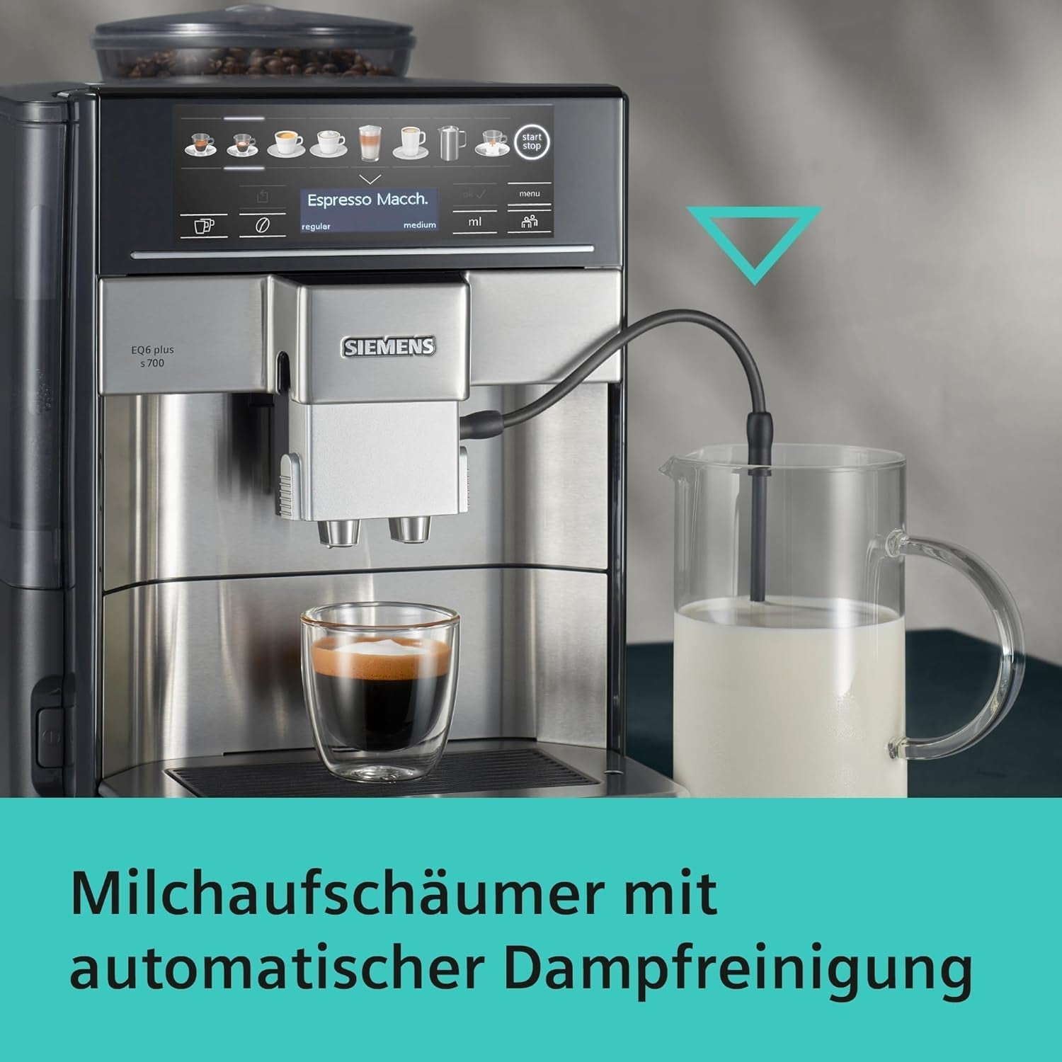 Automatisk espressomaskine Siemens EQ.6 plus s700 TE657503DE, til mange kaffespecialiteter, mælkeskummer, keramisk kværn, dobbelt kaffefunktion, anti-kalk, automatisk damprensning, 1500 W, rustfrit stål