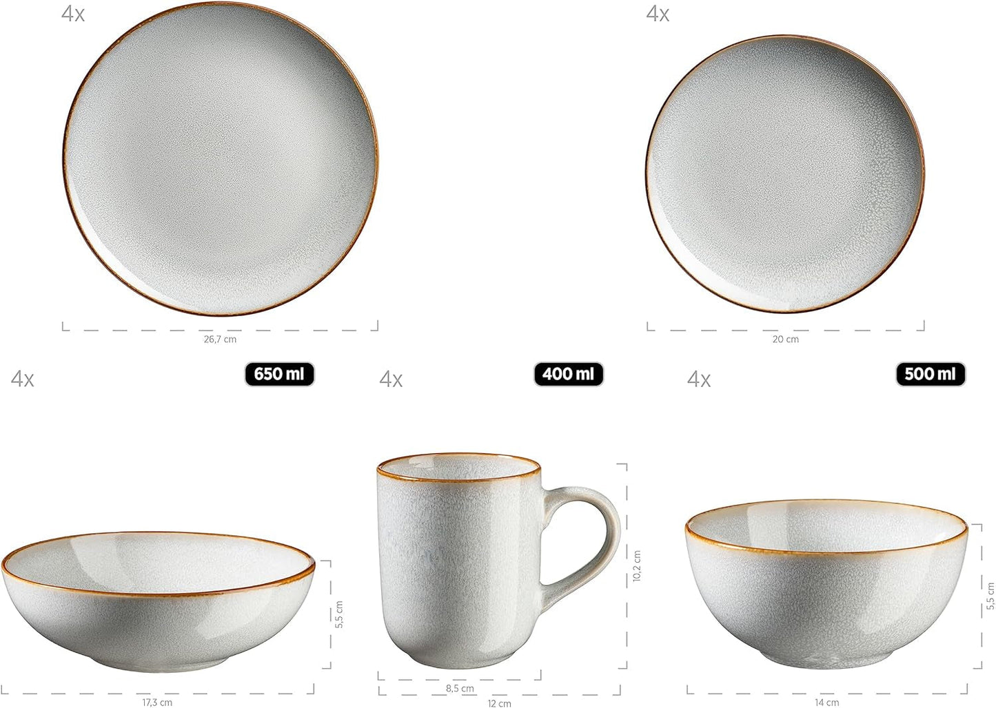 MÄSER Mabella, Vintage servisesæt til 4, 20 dele kombinationsservice med raffineret reaktiv glasur og fin brun kant, Stentøj, Grå-Beige