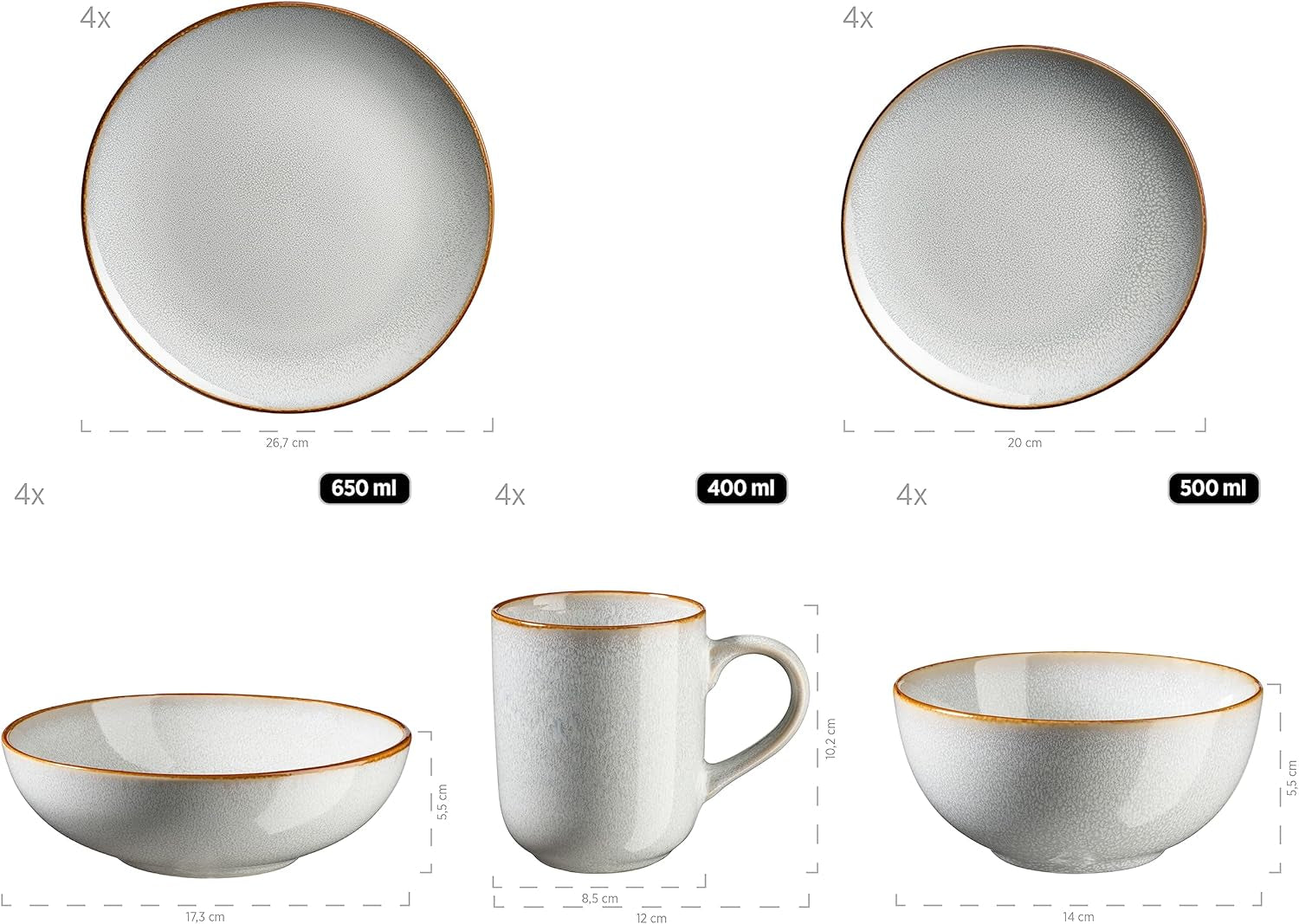 MÄSER Mabella, Vintage servisesæt til 4, 20 dele kombinationsservice med raffineret reaktiv glasur og fin brun kant, Stentøj, Grå-Beige