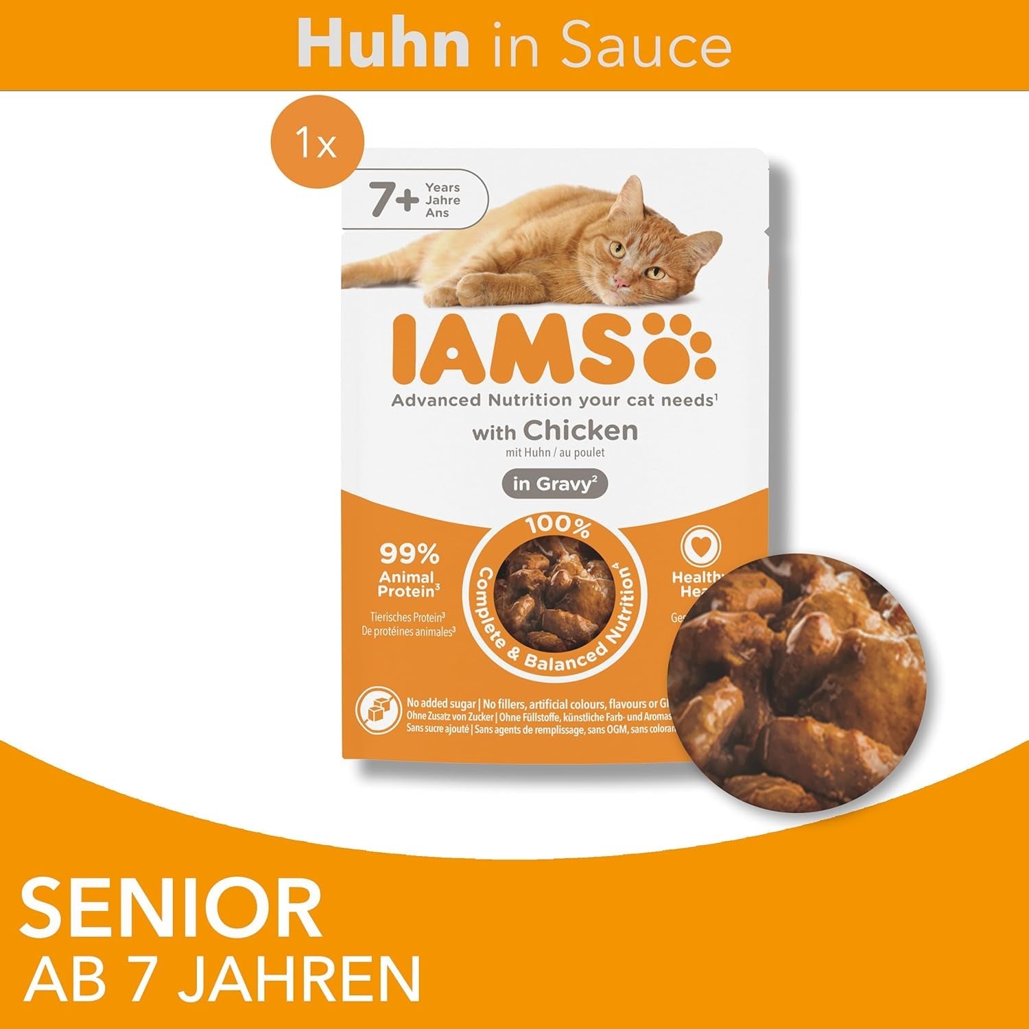 IAMS Delights våd kattefoder med kylling i sauce til seniorkatte på 7 år og derover - Prøvestørrelse, individuel pose, 1 x 85 g