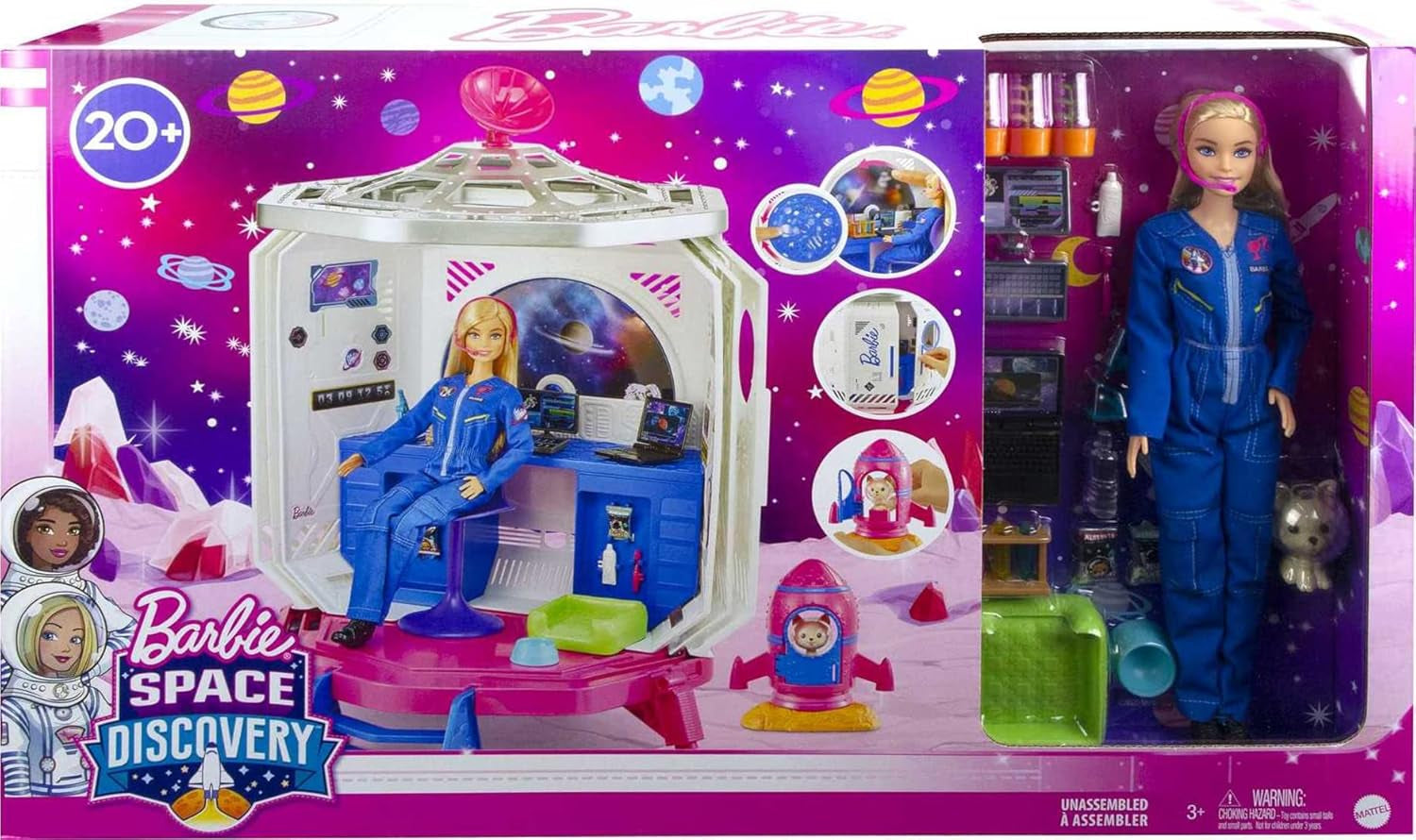 Barbie GXF27 - Space Station Space Adventure, Space Doll, Hvalp, Workstation, Space Scenes, 20 tilbehør, gavelegetøj til børn fra 3 år og opefter