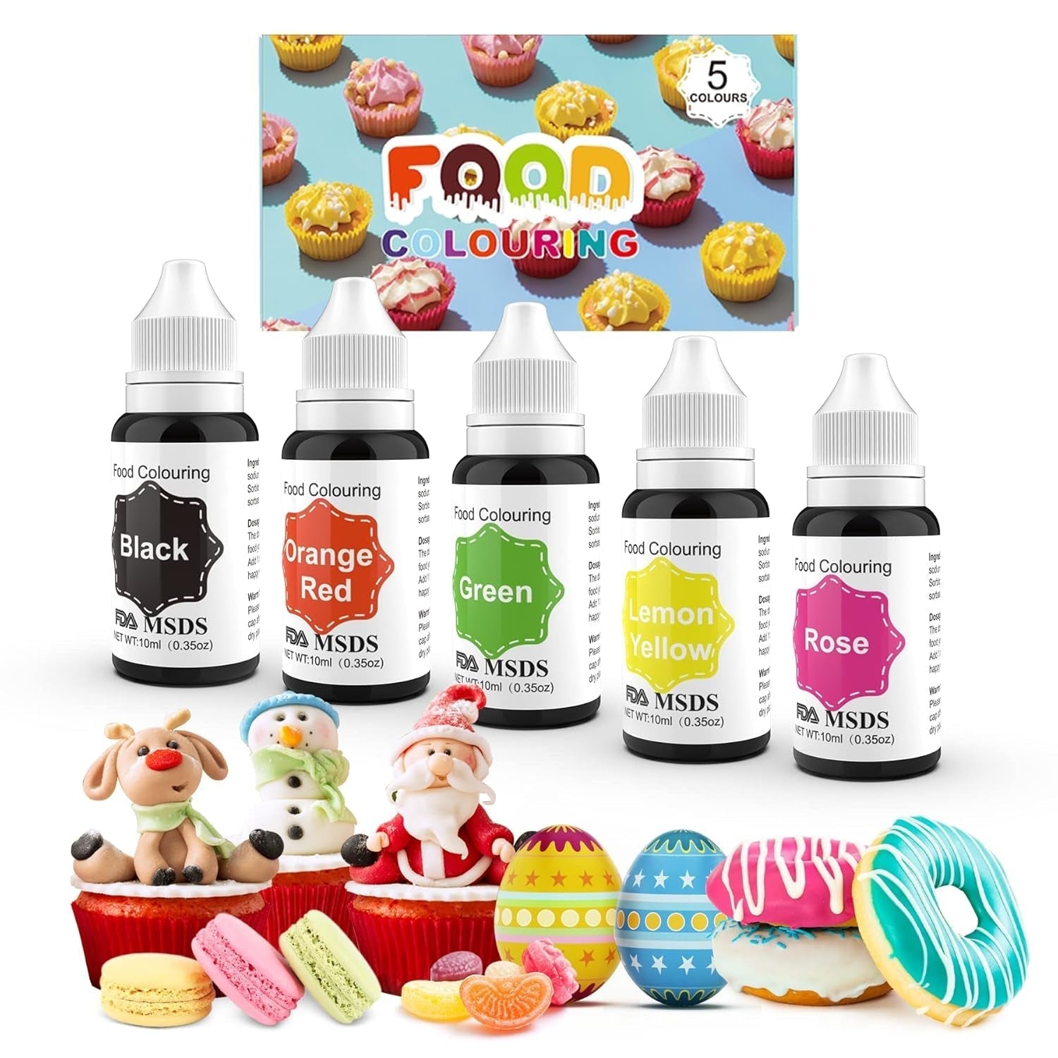 Madfarve 9 x 10 ml, flydende madfarve - madfarvesæt til dekoration af kager, macarons, donuts, fudge, glasur, DIY-sæber, is, sæbefarve, sprøjtepistolfarve