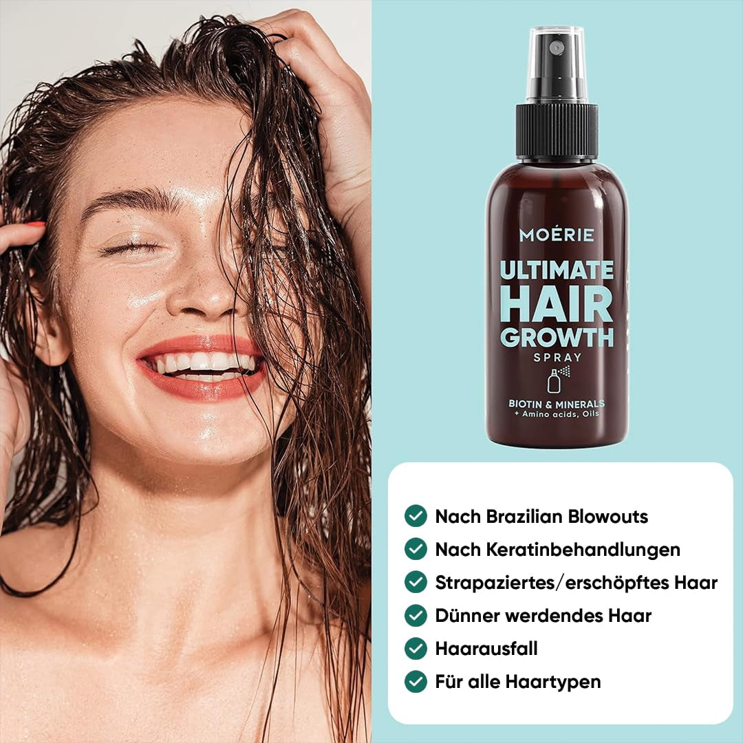 MOÉRIE Ultimate Mineral Hair Growth Spray til længere, tykkere og fyldigere hår - med biotin og koffein - Veganske hårprodukter, parabenfri, alle hårtyper, vender hårtab - 2 måneders forsyning Hårpleje Naty Shop