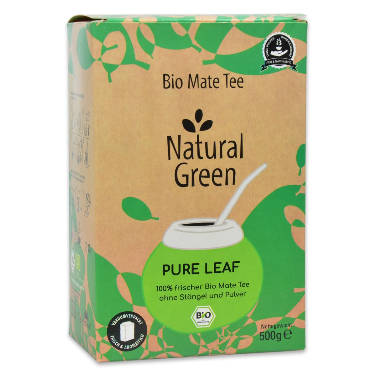 Delicatino - Naturlig grøn PURE LEAF 500G, økologisk yerba mate stilkløs, frisk og røgfri, økologisk dyrket, vakuumpakket for maksimal friskhed