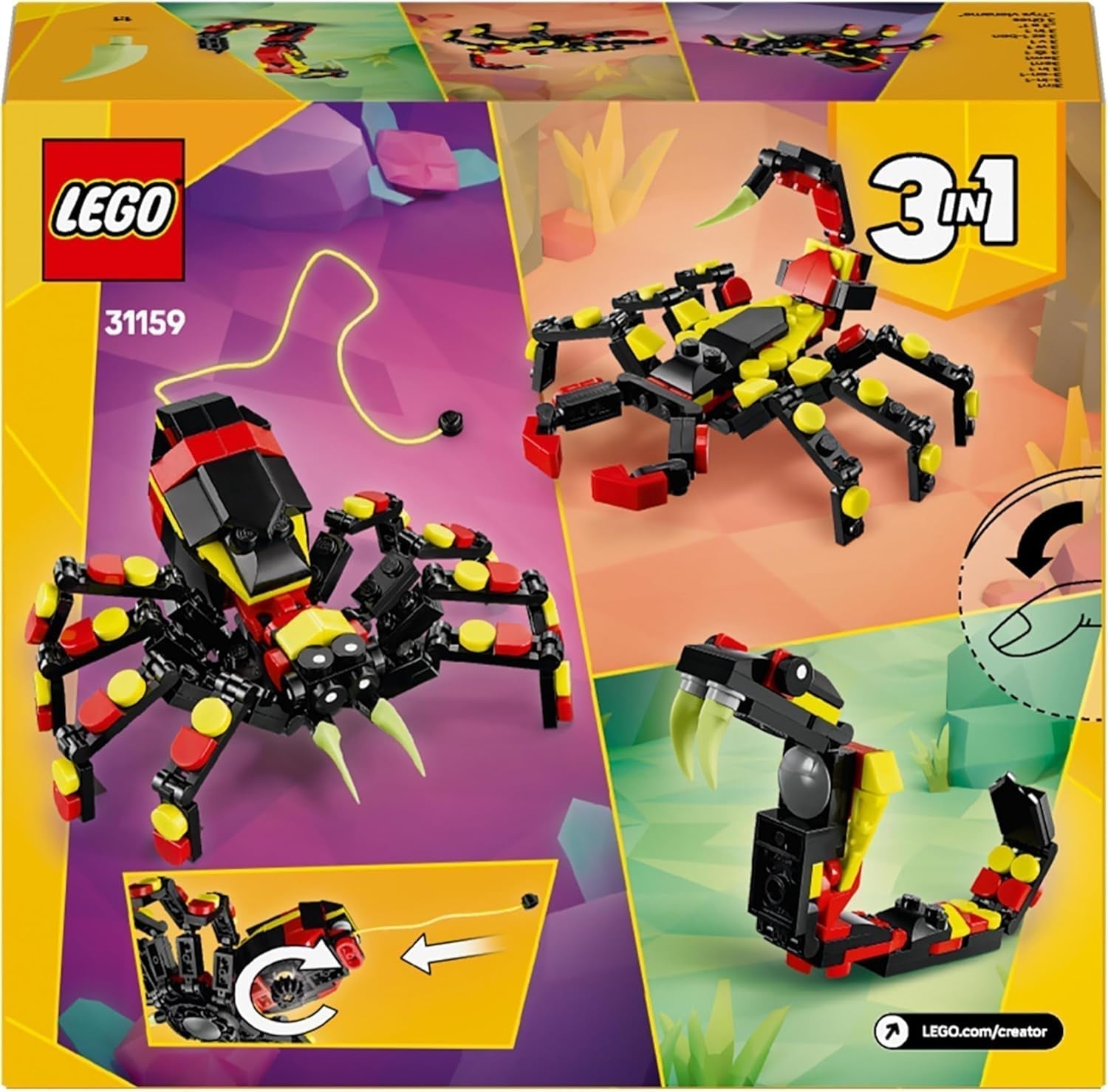 LEGO Creator 3I1 Vilde dyr: Overraskelsesedderkop - legetøj til at bygge om til en skorpion eller slangefigur - byggesæt med 3 modeller - gave til drenge og piger fra 7 år 31159 Byggesæt Besuche den LEGO-Store