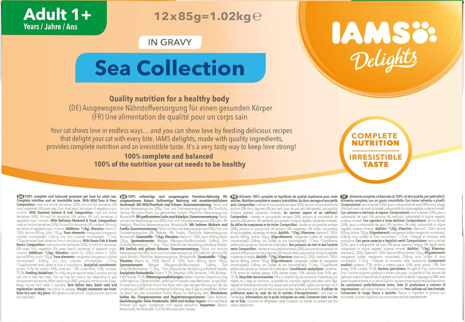 IAMS Delights Sea Collection Katzenfutter Nass - Multipack mit Fisch Sorten (Lachs, Thunfisch, Makrel, Seefisch) i Sauce, Nassfutter für Katzen fra 1 Jahr, 12 x 85g