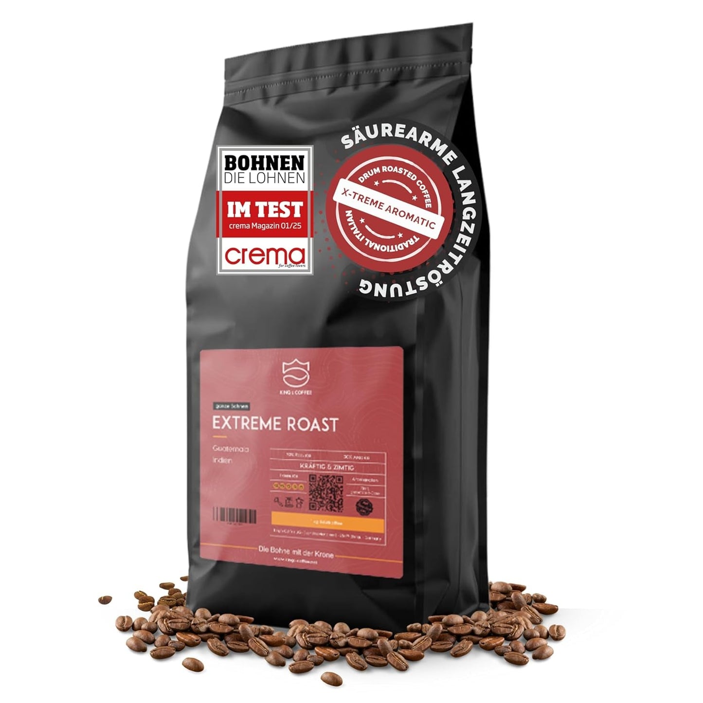 KING'S COFFEE - EKSTREM RISTE - Espresso Intenso bønner - meget lav surhedsgrad - lille batch ristning fra Italien - kaffebønner til fuldautomatiske maskiner og portafilter maskiner - 1 kg